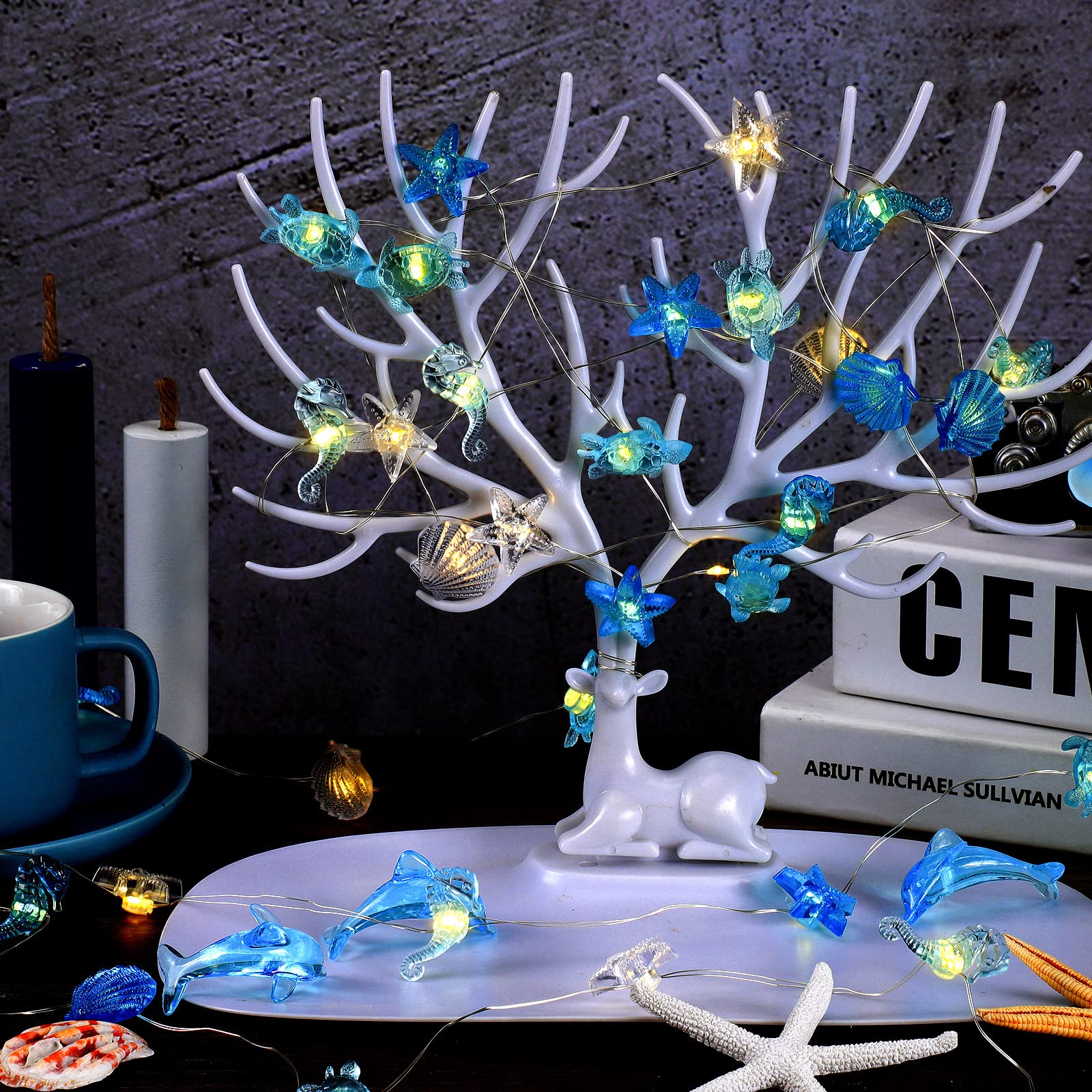 Zhanmai 2 Pcs Ocean Decor String Lights for Bedroom Nautical Theme Seashell Seahorse Conch 10ft 30 LED Battery Operated String L