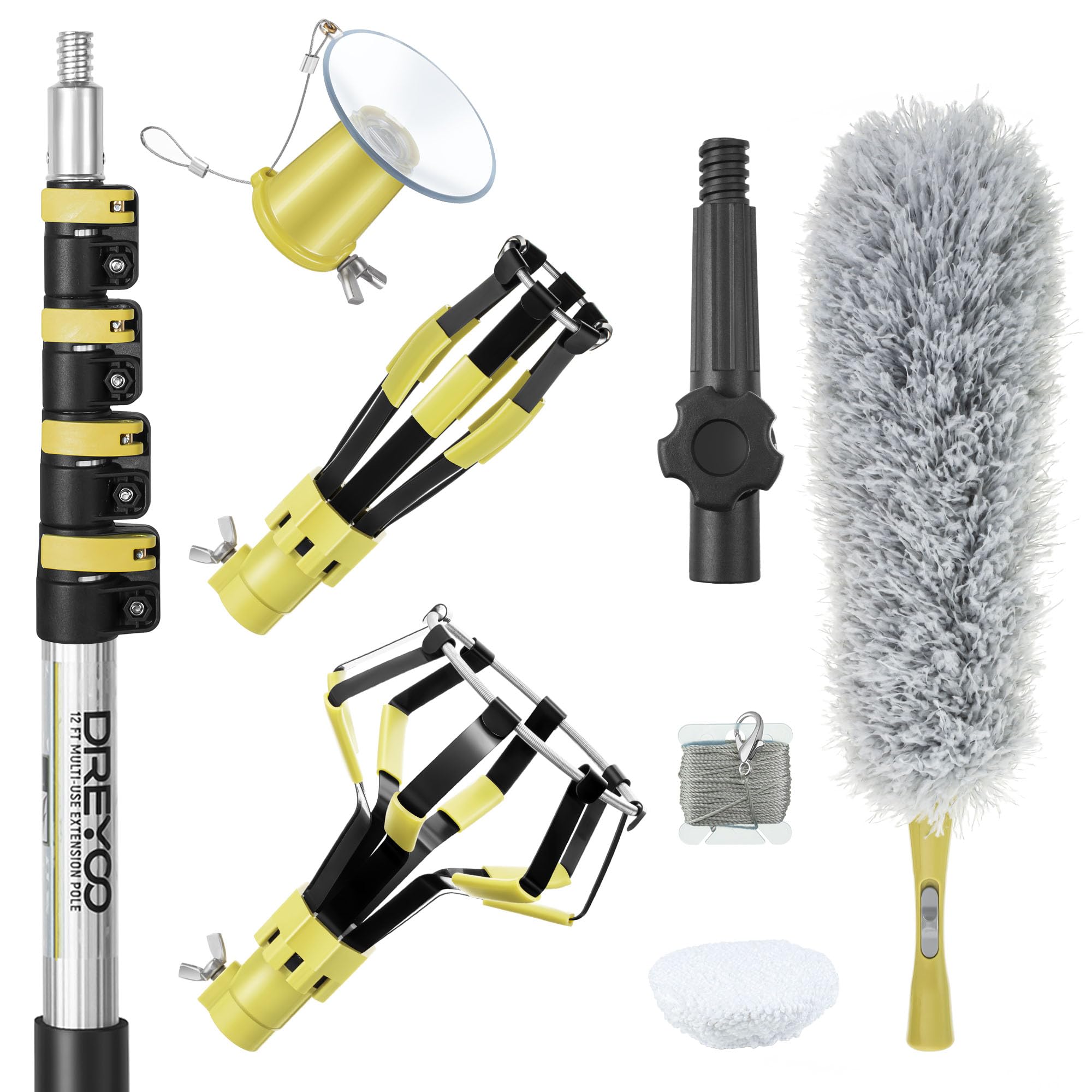 Dreyoo Light Bulb Changer Set with Telescopic Pole 3-12 ft, Metal, Yellow, Model DR-Dreyoo-0995