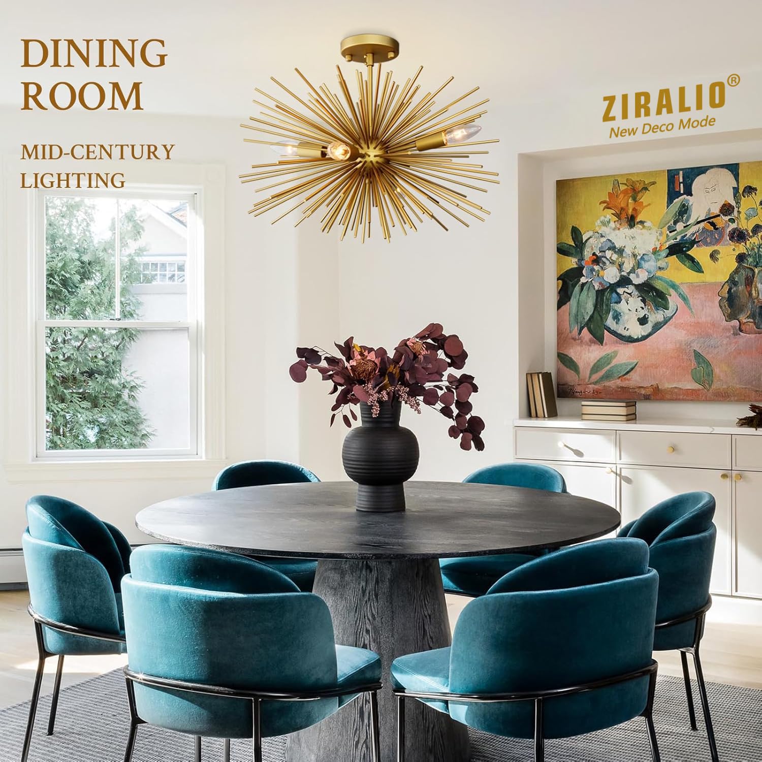 Ziralio Gold Sputnik Chandelier Modern Semi Flush Mount Ceiling Light Fixture Modern Golden Starburst Firework Chandelier For Di