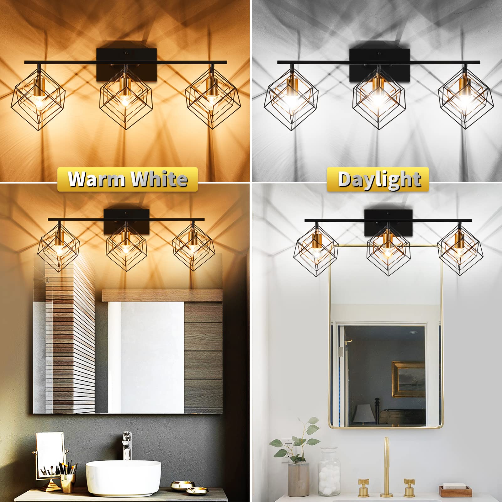 BEHIYA 3-Light Vanity Light - Matte Black, Industrial Design, Rotatable Cube Shades, 28" Width, Model BE-21S1-V007