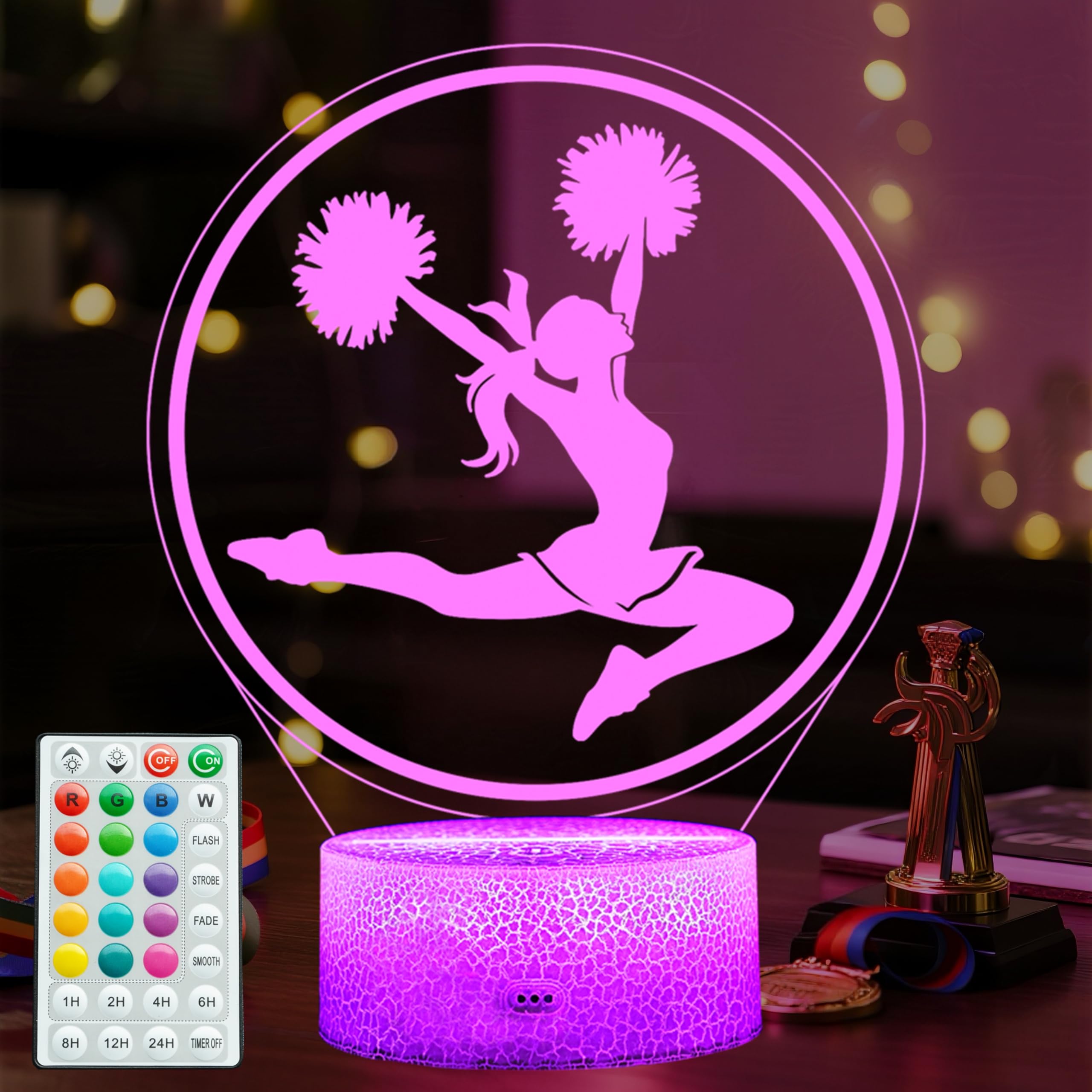 POSSHE Cheerleader Gifts, Cheerleader 3D Night Light with 16 Colors Changing, Timer, 4 Flash Modes and Dimmable, for Birthday Xm