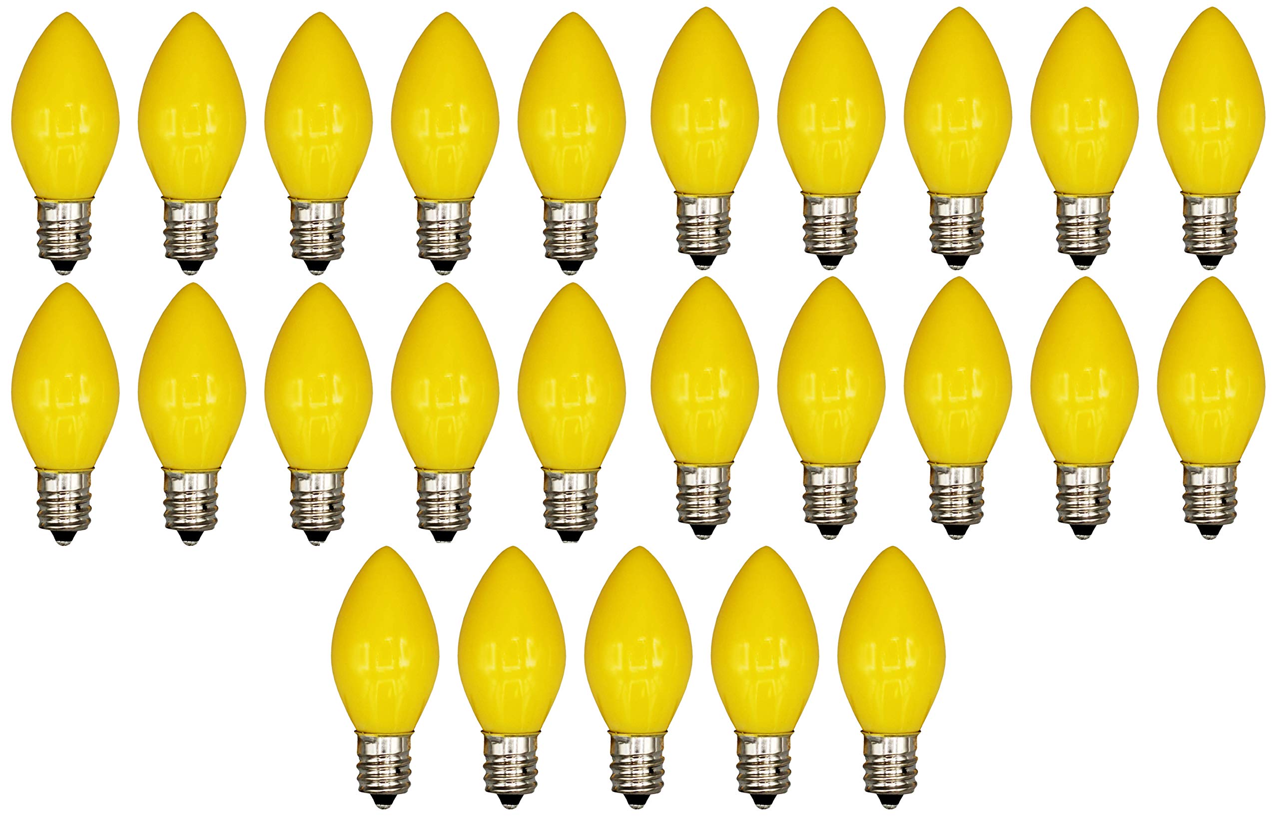 Box Of 25 Light Bulbs - Opaque Yellow, Steady Burning, 7 Watt, C7 -E12 Candelabra Base -Great For Night Lights, Decorative Lights And Christmas Strings