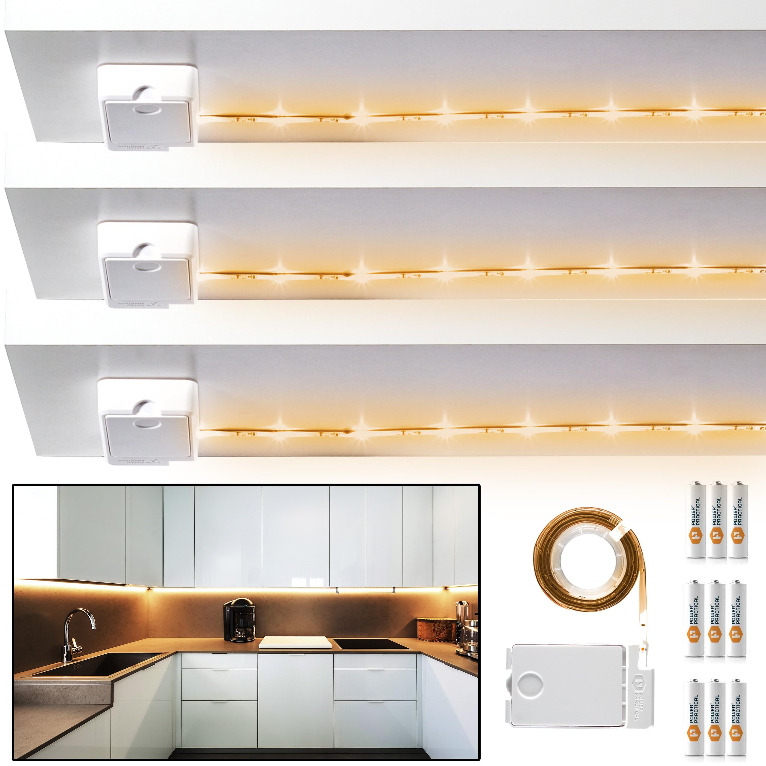 Power Practical Luminoodle Under Cabinet Lighting, 3-Pack, Warm White (2700K), Click LED Light Strip for Cabinets & Shelves