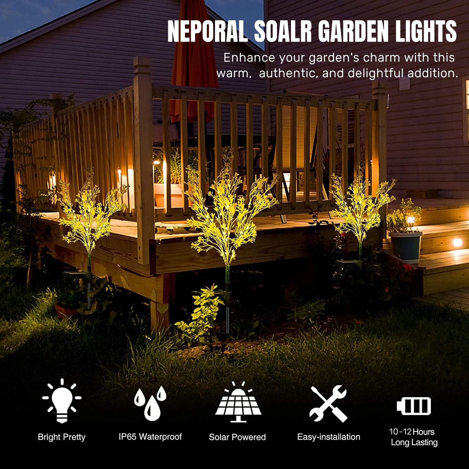 Neporal Solar Garden Lights - Waterproof IP65, Solar Powered, 2PK, Yellow, Model GOLD-456