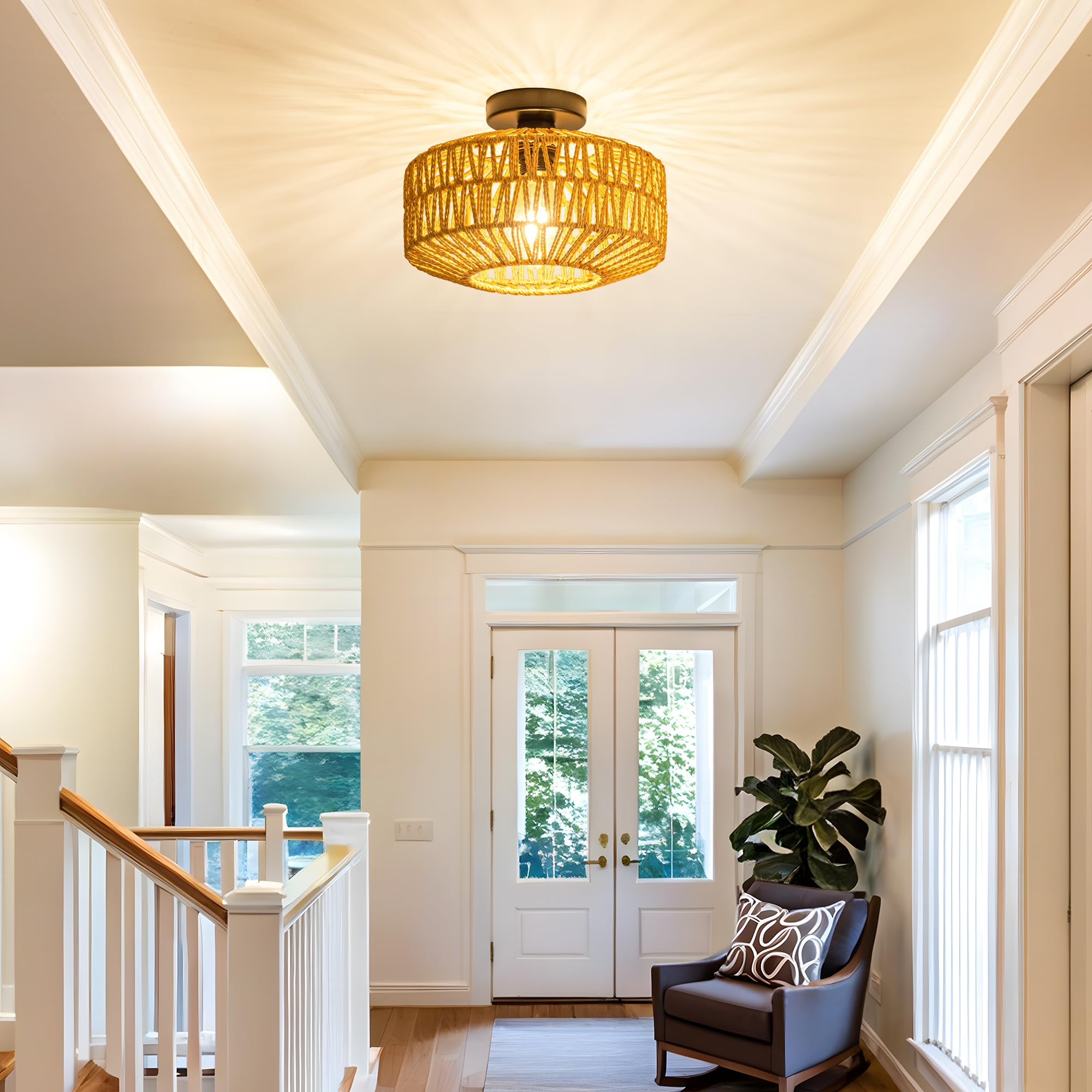 Mayna 3-Light Boho Light Fixtures Ceiling Mount, Hand-Woven Chandelier Light Fixture,Farmhouse Rattan Flush Mount Ceiling Light