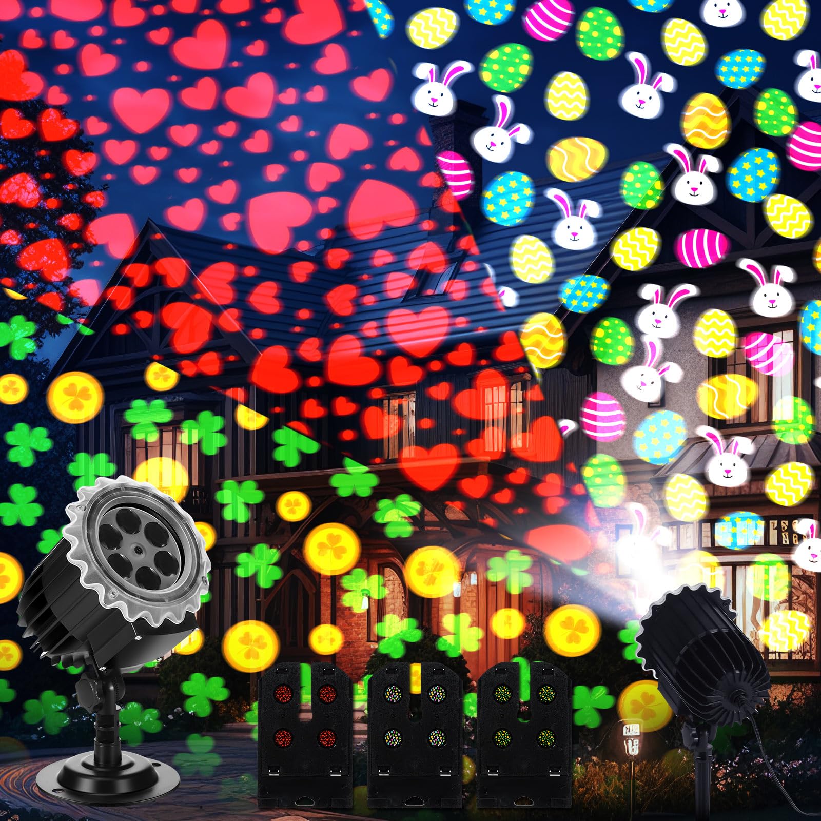 Lingvee Easter Projector Light with 3 Film Slides Holiday LED Projector Lights for St. Patricks Day Outdoor Waterproof Landscap