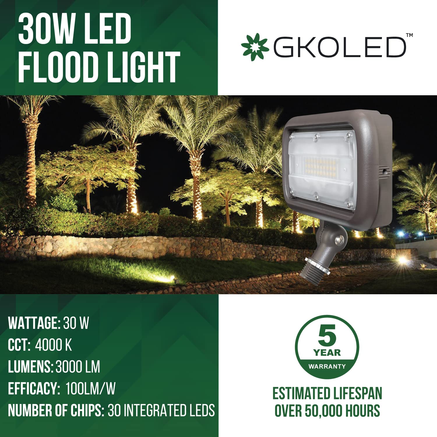 Gkoled 30W Led Floodlight, Outdoor Security Fixture, Waterproof, 100W Psmh Replace, 3000 Lumens, 4000K Cool White, 70Cri, 120-277V, 1/2&quot; Knuckle Mount, Ul-Listed