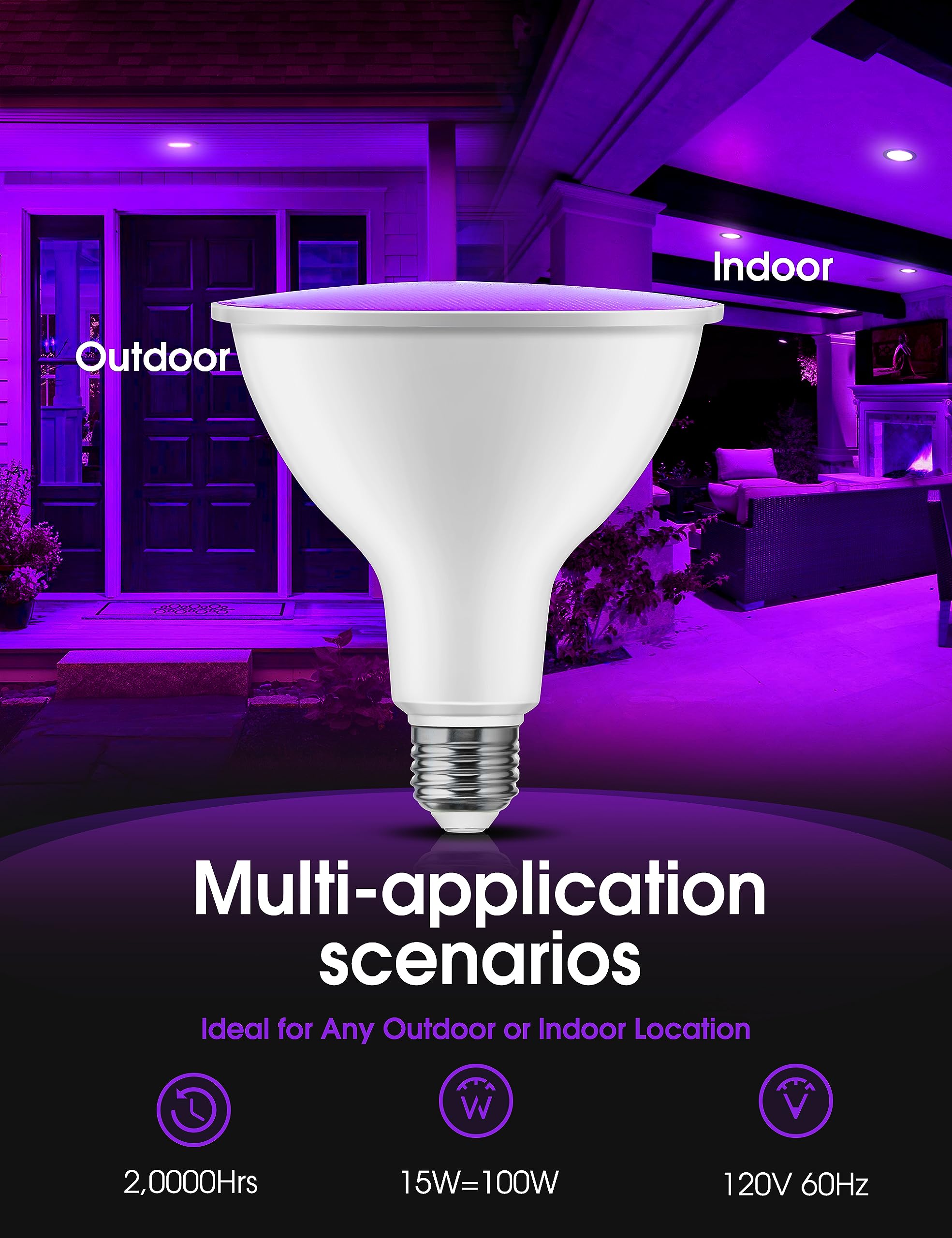 Lohas Purple Flood Light Bulbs, Par38 Led Flood Light Outdoor 100W Equivalent, 15 Watt Colored Porch Light Bulb, E26 Base Ideal