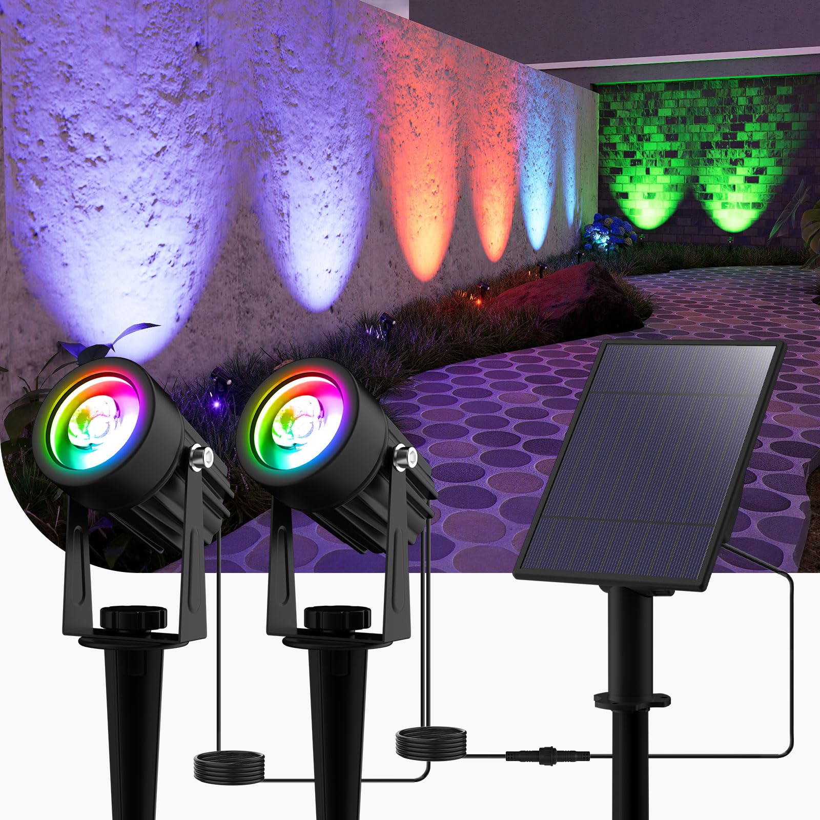 T-SUN Solar Spotlights Outdoor, 2-in-1 Waterproof Color Changing Solar Landscape Spotlights, Dusk to Dawn Dual Head Solar Lights