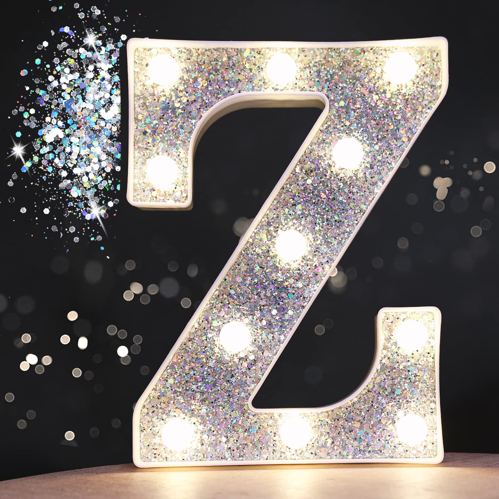 Pooqla LED Marquee Letter Light - Silver Glitter Alphabet Sign - Battery Powered Night Light for Parties and Decorations - Letter Z