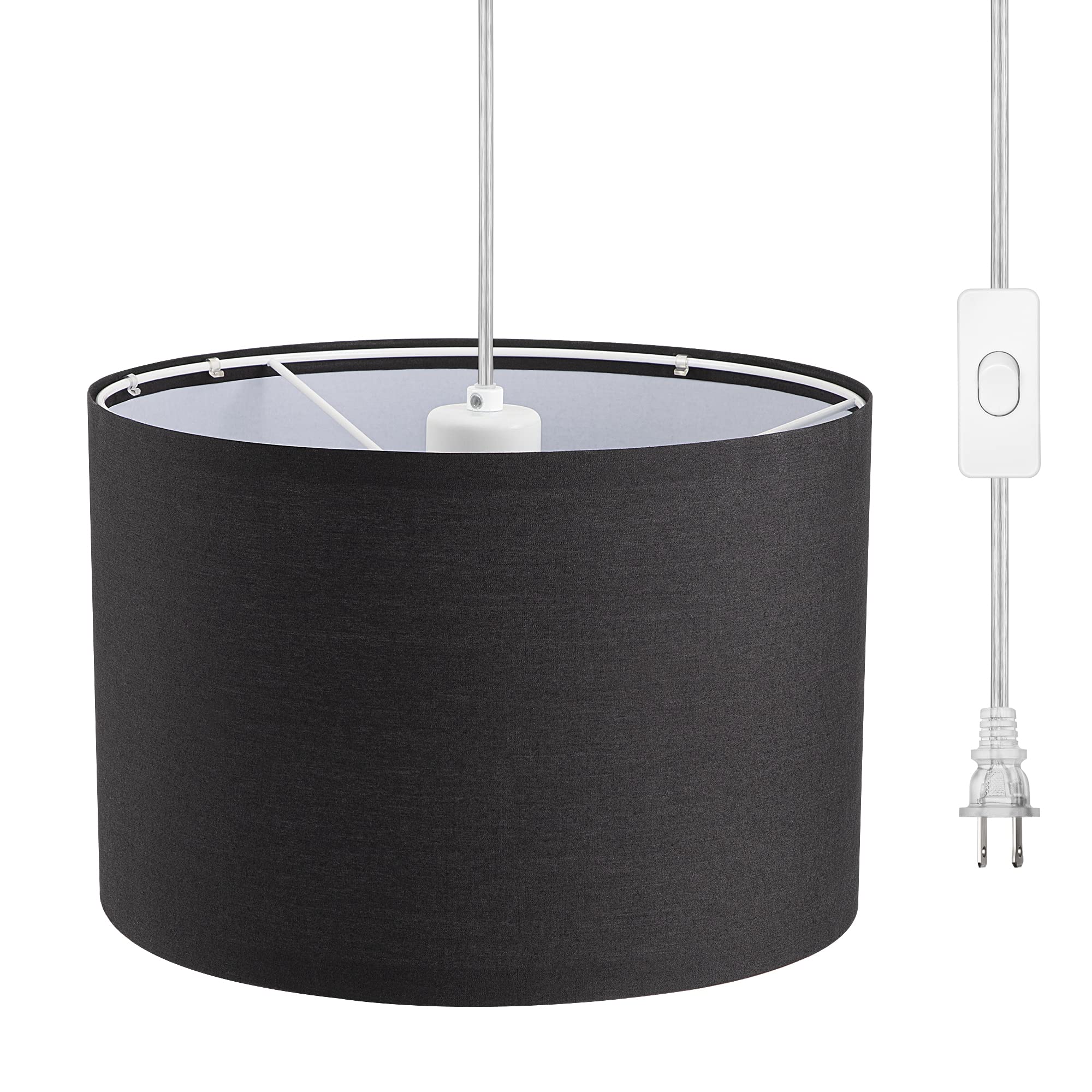 DEWENWILS Plug in Pendant Light, Hanging Light with 15Ft Clear Cord, On/Off Switch, with Black Fabric Lampshade, Hanging Light F