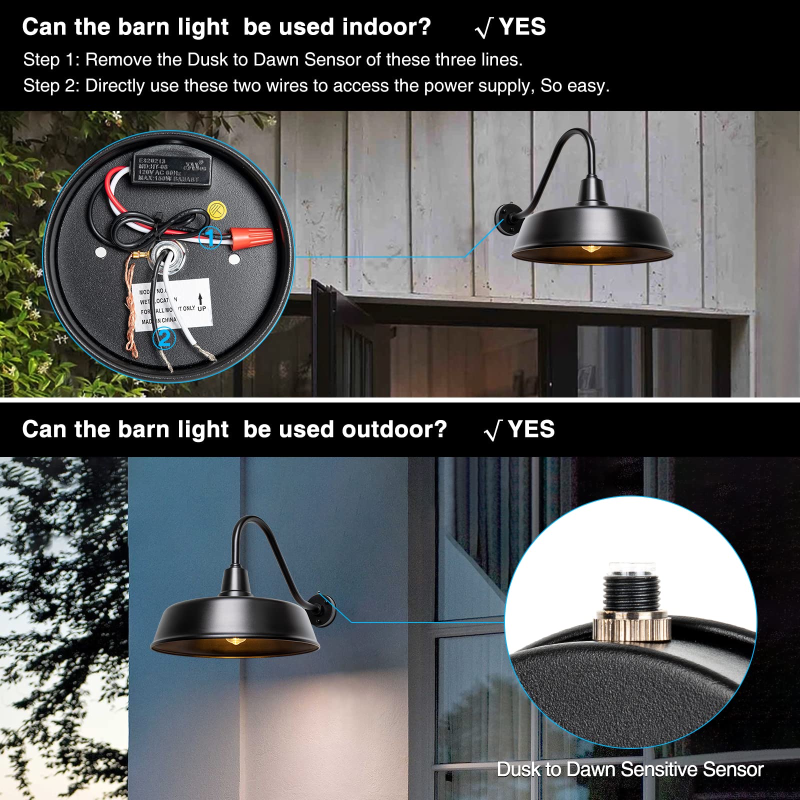 Metojia Gooseneck Barn-Lights Outdoor Fixture - 24 Inch Farm Style Black Large Lighting Farmhouse Exterior Sconce Wall Light For House, Dusk To Dawn Sensor Front Door Porch Garage (24 Inch)