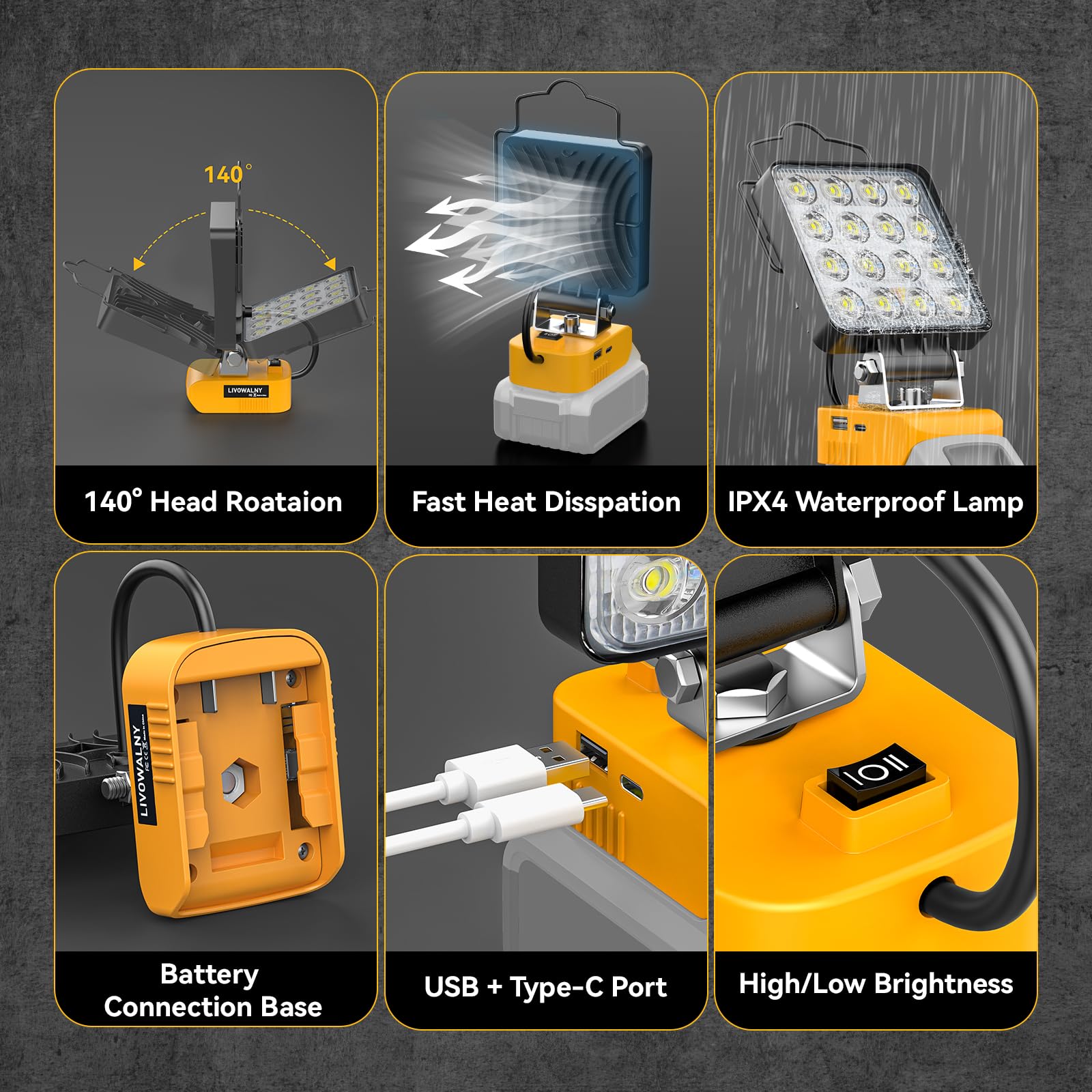 2Pcs Cordless Led Work Light For Dewalt 20V Max Battery, 120W 12000Lm Battery Light For Dewalt 20V Tools, Portable Flood Light F