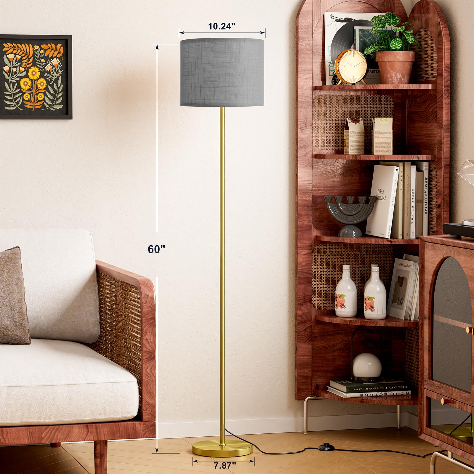 Ambimall 60in  Modern Floor Lamp with Linen Grey Shade, Brushed Gold Pole, Model RPT-ZGB128
