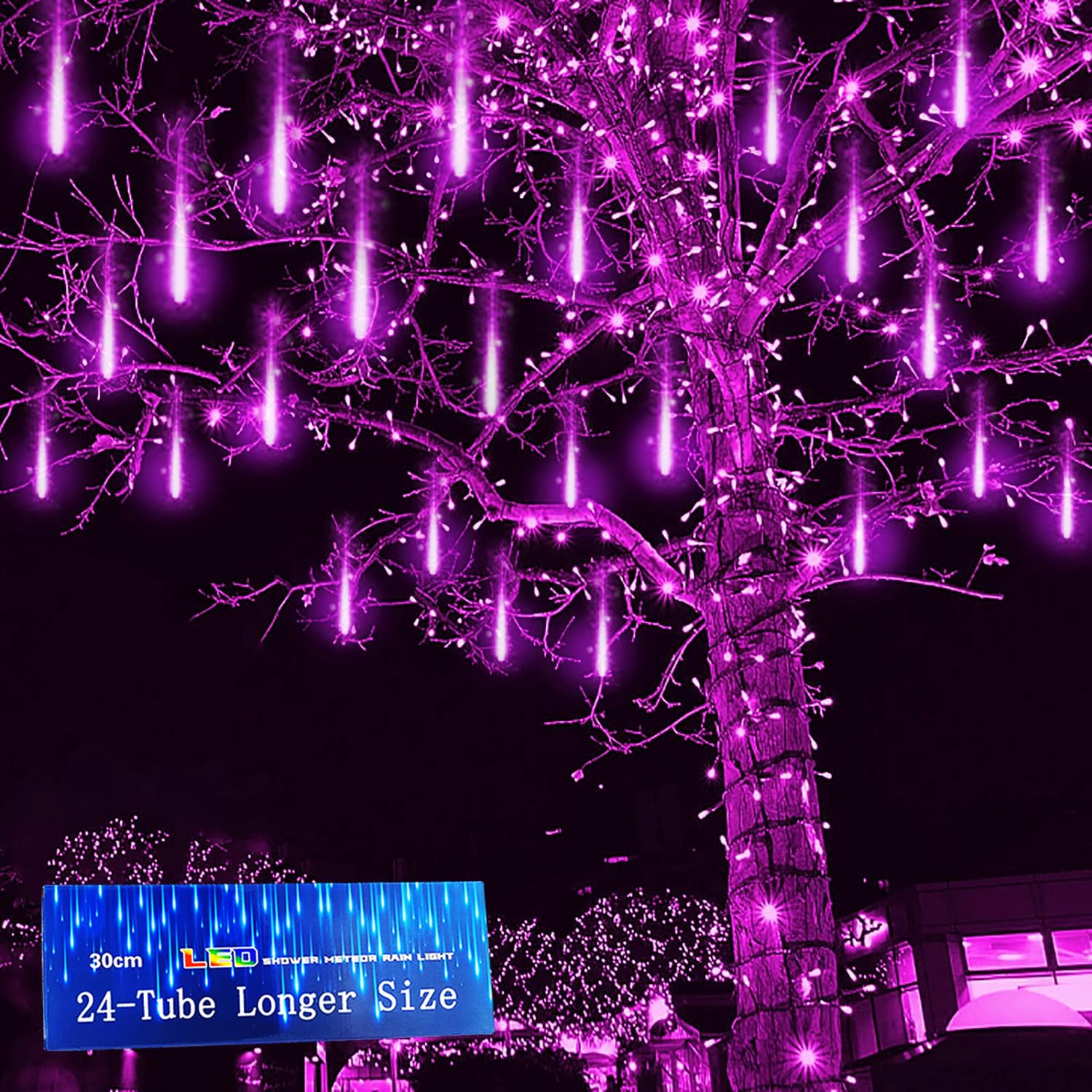 Kwaiffeo Halloween Lights, 24 Tubes Meteor Shower Lights(Equivalent to 3 Sets of 8-Tube) for Halloween Christmas Decorations Outdoor, Purple Lights for Halloween Xmas Party Yard Tree Decor, UL Plug