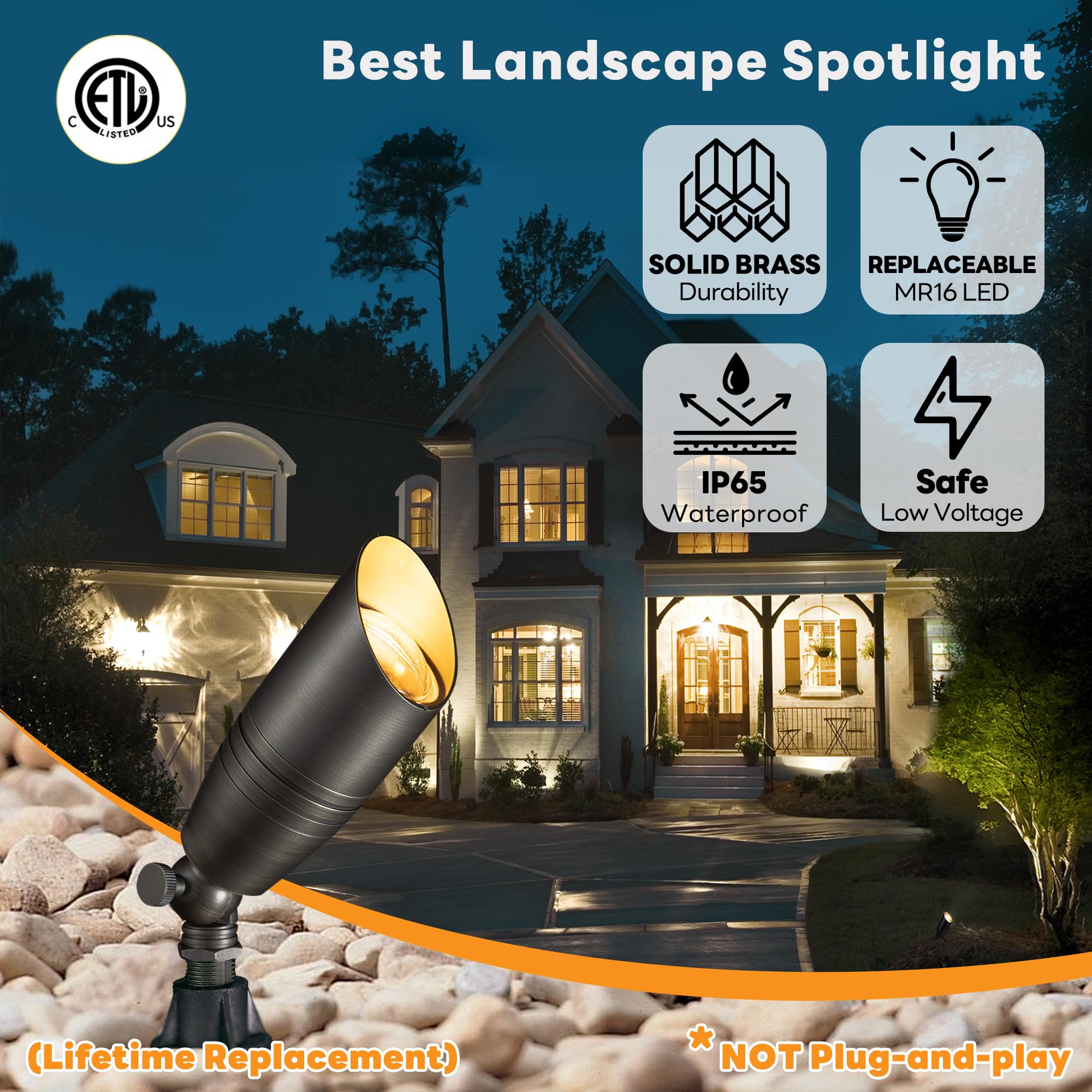 Gardenreet Landscape Spotlights Low Voltage - Brass 12V Outdoor Uplight Led, Wired Spot Lights Ip65 Waterproof, Adjustable Focus Bronze For Exterior Garden Yard Tree House Without Mr16 Bulb