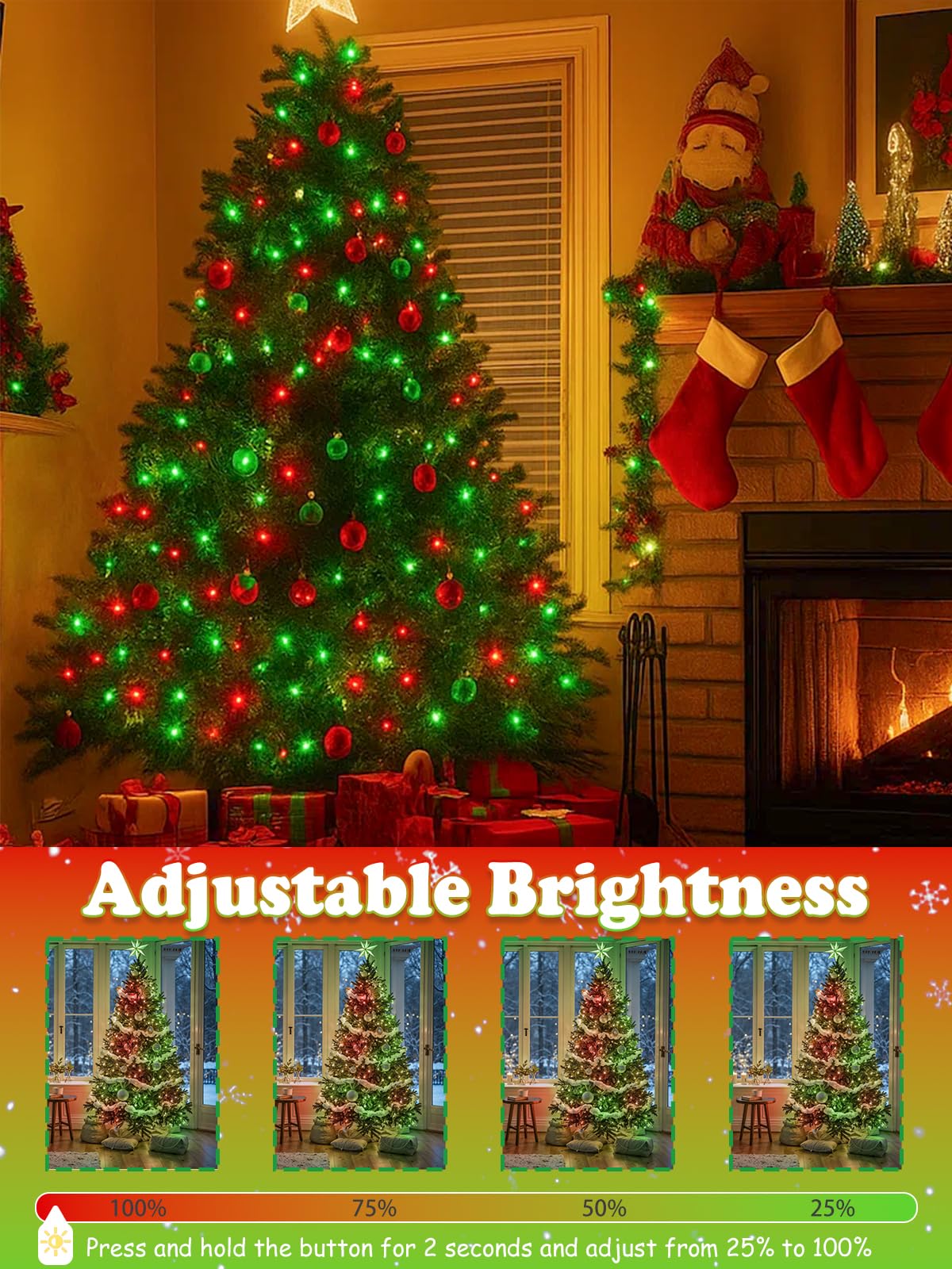 SANJICHA 2 Pack Christmas String Lights, 66FT 200 LED, Waterproof, 13 Modes, Timer, Red and Green