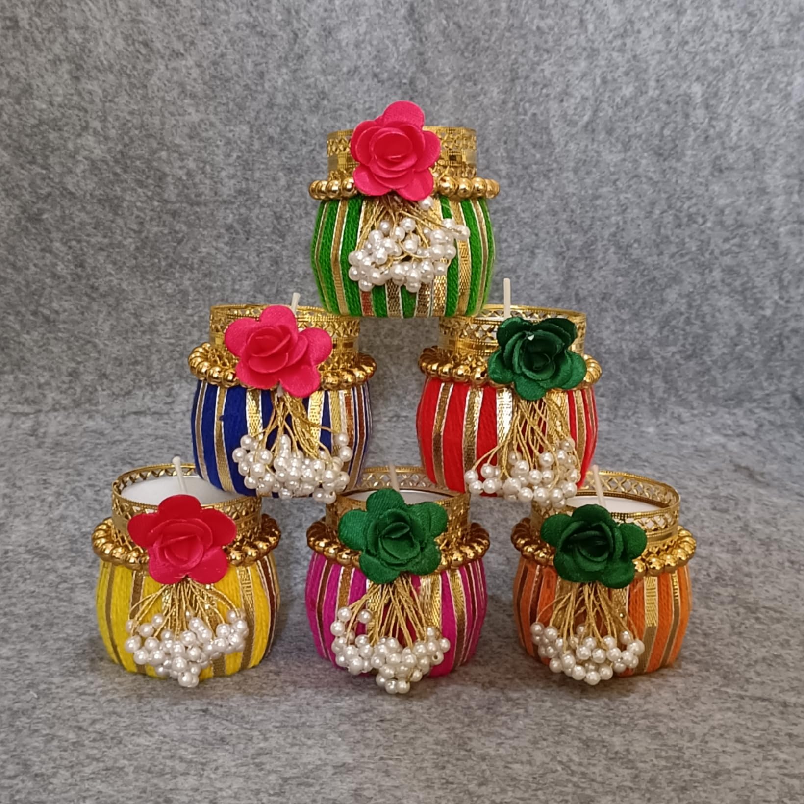 Vibhushita (Set of 6) Multicolor Smokless Fancy Designer Decorative Handmade Wax Damaru Diyas Diwali Diya for Diwali Decoration