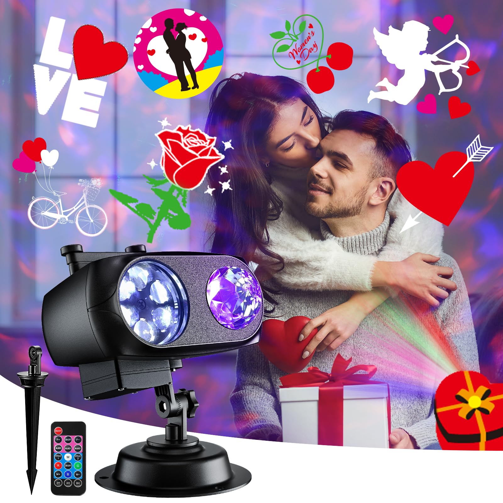 FLITI Valentine Projector Lights, 8 Holiday Themes, 3D Ocean Wave, Model TC08, Black, 10 Slides for Home Decor