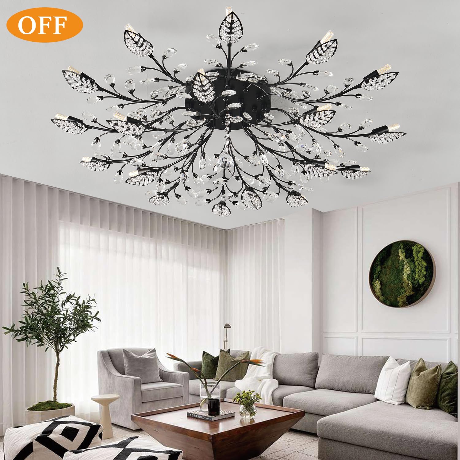 Ridiss Modern Crystal Ceiling Light Fixture, 18-Lights Semi Flush Mount, Black, Model SJD-15, Crystal and Metal Material