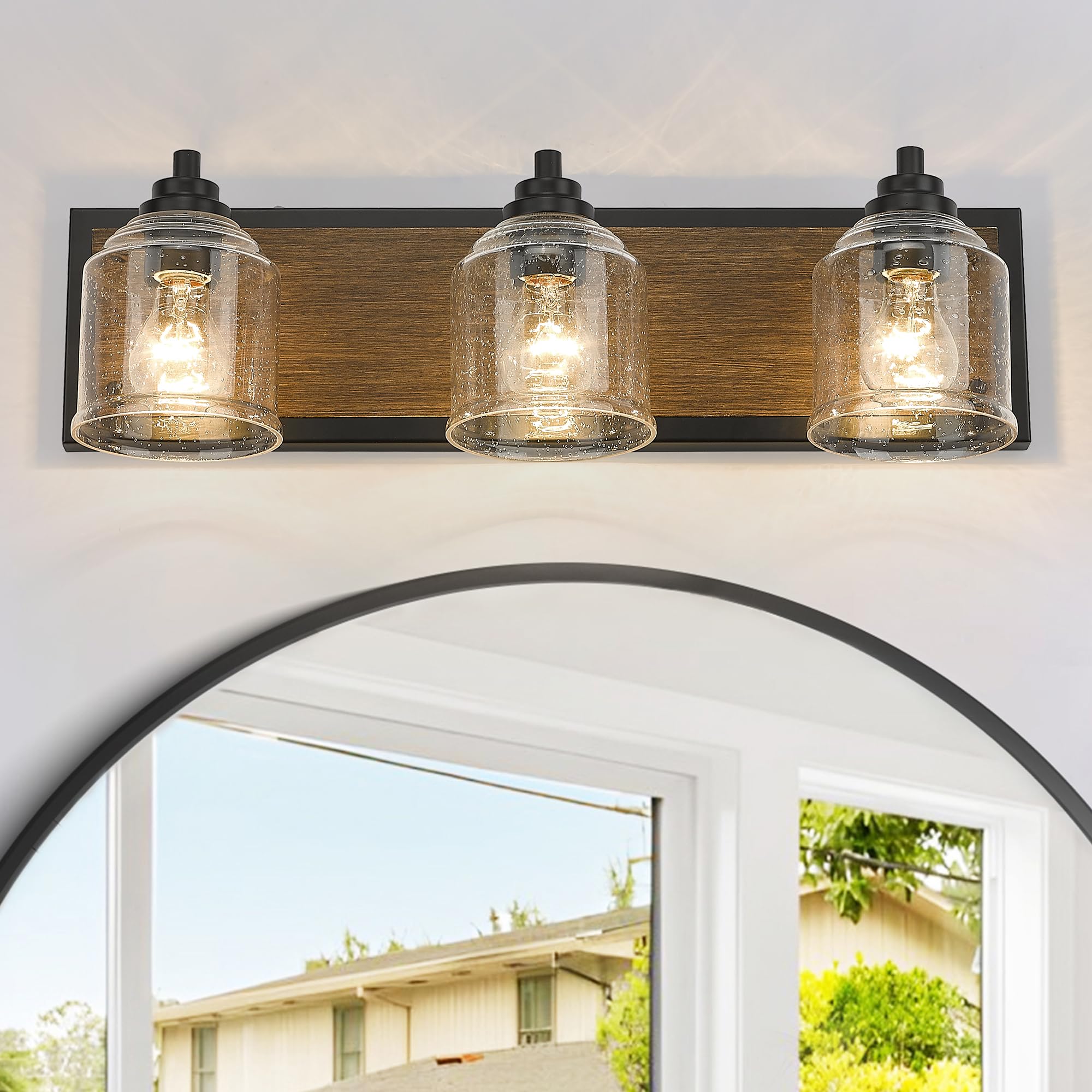 YKLITG 23in Farmhouse Bathroom Vanity Light, 3-Light Brown Metal with Bubble Glass Shades, Model BD005-3-DW