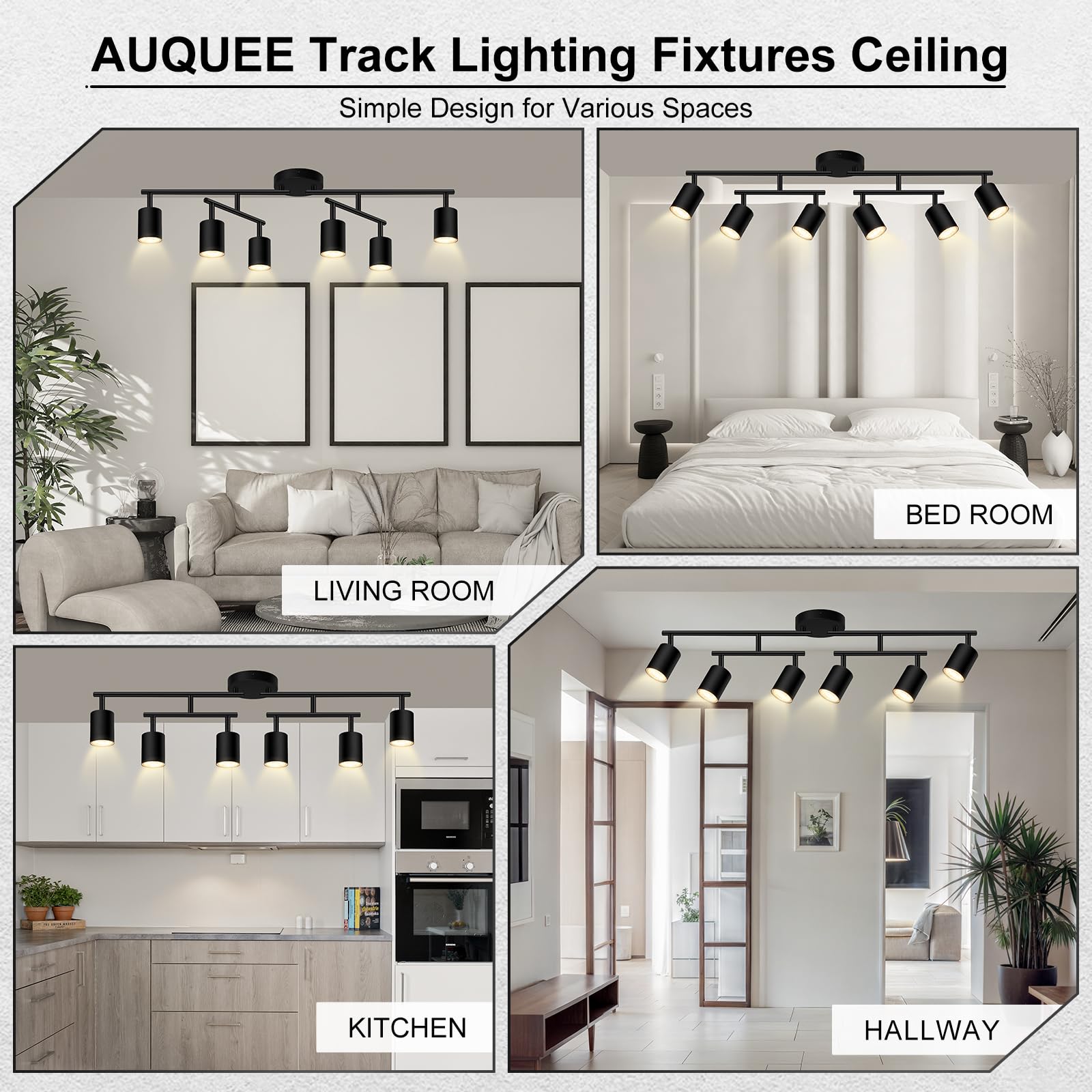 AUQUEE 6-Light Matte Black Track Lighting Fixtures, Rotatable LED Spot Lights for Kitchen/Hallway, Model AQC0661US