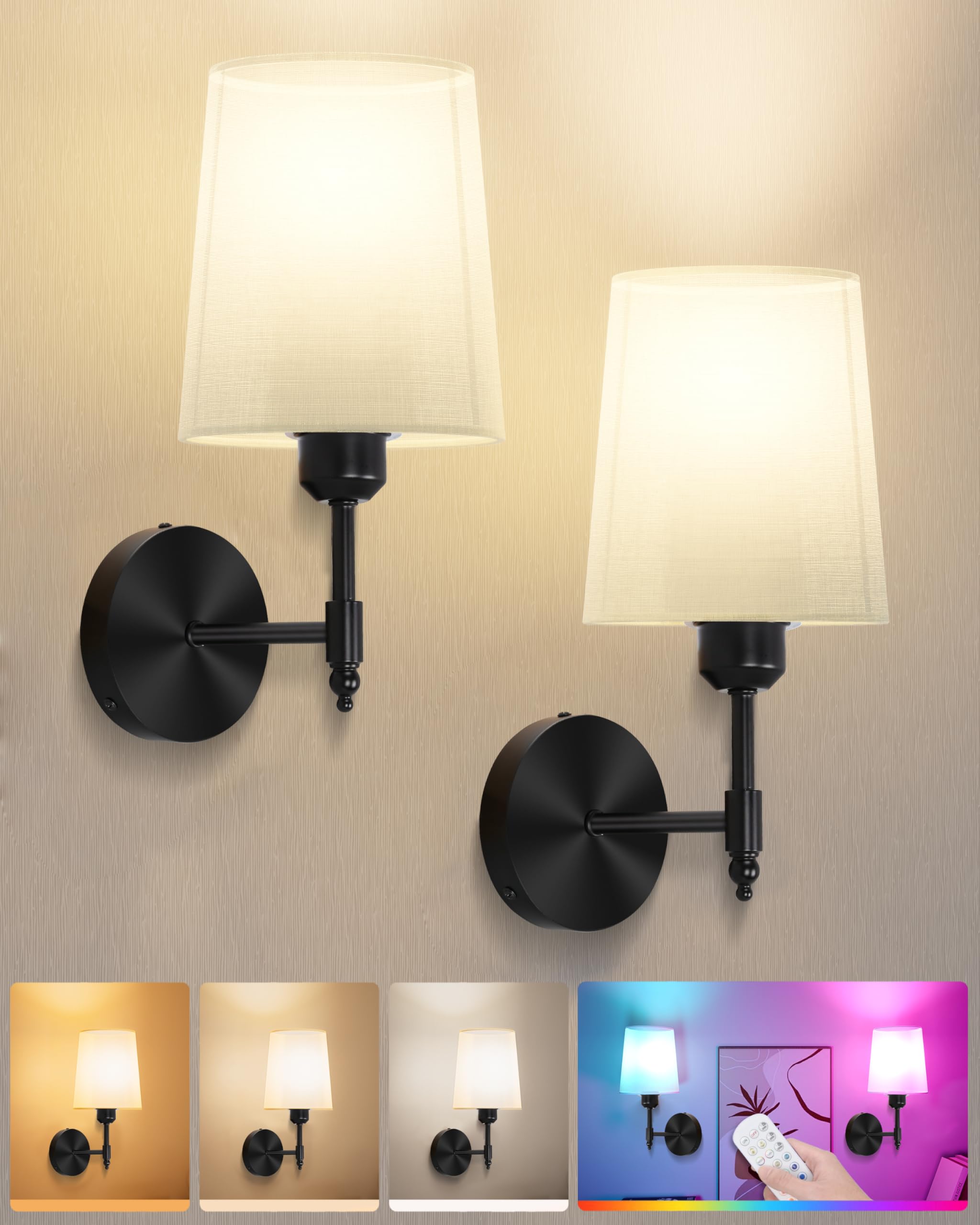 Ouyulong Battery Operated Wall Sconces Set of 2, Wireless Rechargeable Dimmable Wall Light with RGB Bulb and Remote for Bedroom,