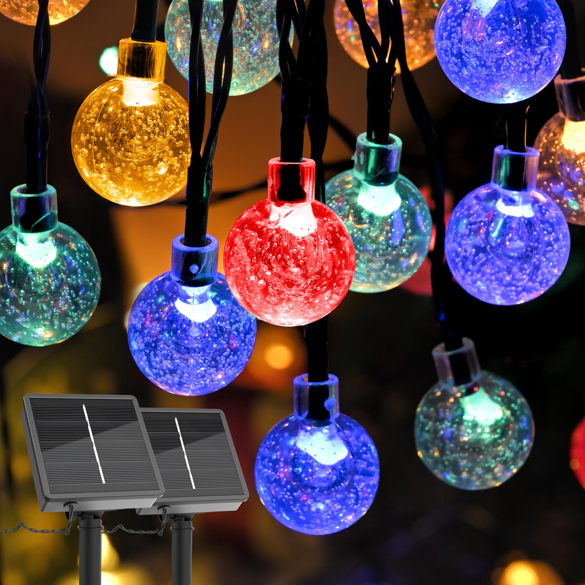 DomiHue 2 Pack Solar Lights Outdoor Waterproof, Total 72ft 120 LEDs Crystal Globe with 8 Modes, Solar String Lights for Outside,