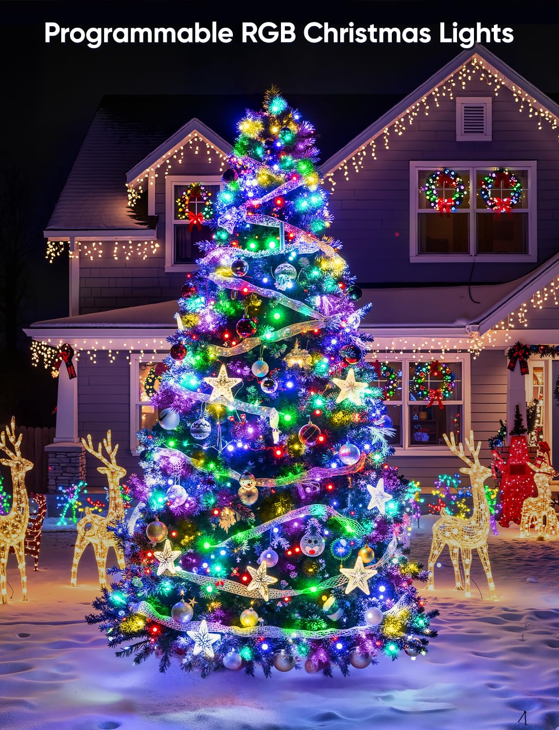 Ollny Smart Christmas Lights, 197FT 600 LED, RGB Color Changing, Waterproof, APP Control, Model NYA0600R, Dark Wire