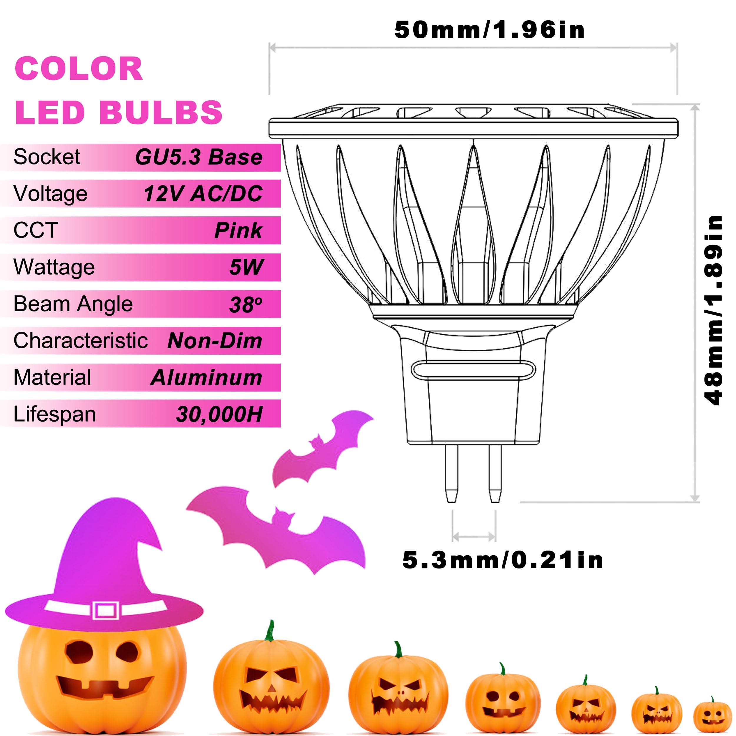 ALIDE MR16 5W Pink LED Bulbs, 12V Low Voltage, 6 Pack, Aluminum, Halloween Outdoor Lighting, 38 Degree Beam