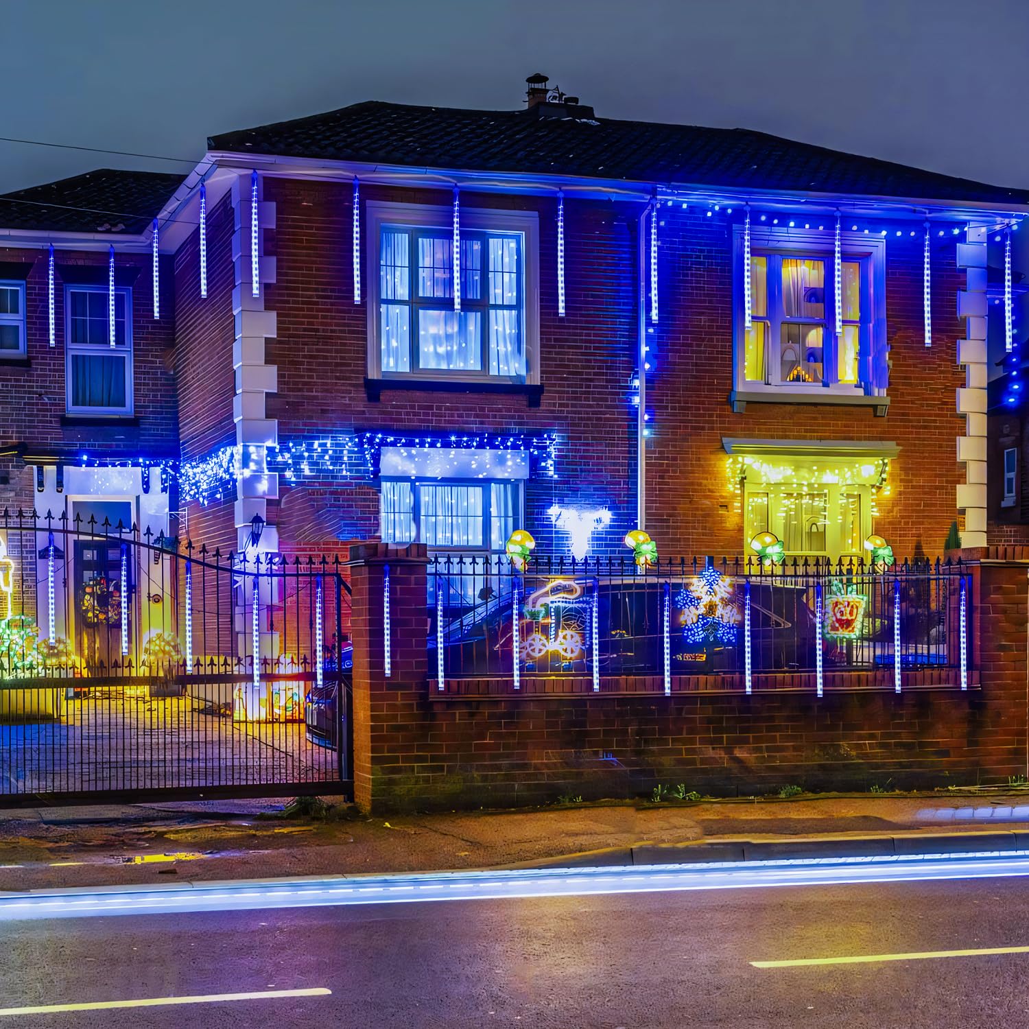 Jmexsuss 2 Pack Solar Meteor Shower Lights Outdoor Christmas Lights, Blue Meteor Falling Rain Lights Cascading String Lights Waterproof For Tree Garden Party Christmas Decor, Total 16 Tubes 288 Led