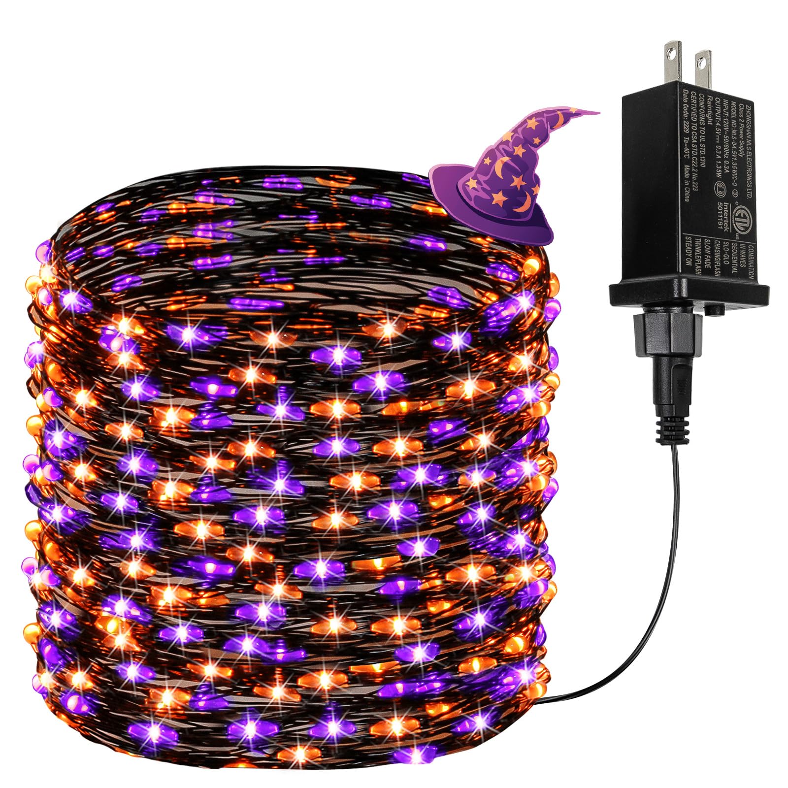 BHCLIGHT 66Ft LED Halloween Fairy Lights, 200 Lights, 8 Modes, Waterproof, Purple&Orange, Black Wire, Model MLS-D4.5V1.35WUC-O