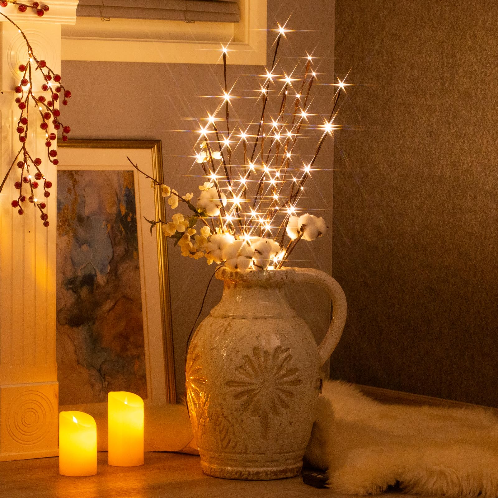 Vanthylit 3PK Lighted Twig Branches Pathway Lights - 30" Brown with 60 LED Warm White Bulbs for Indoor/Outdoor Use