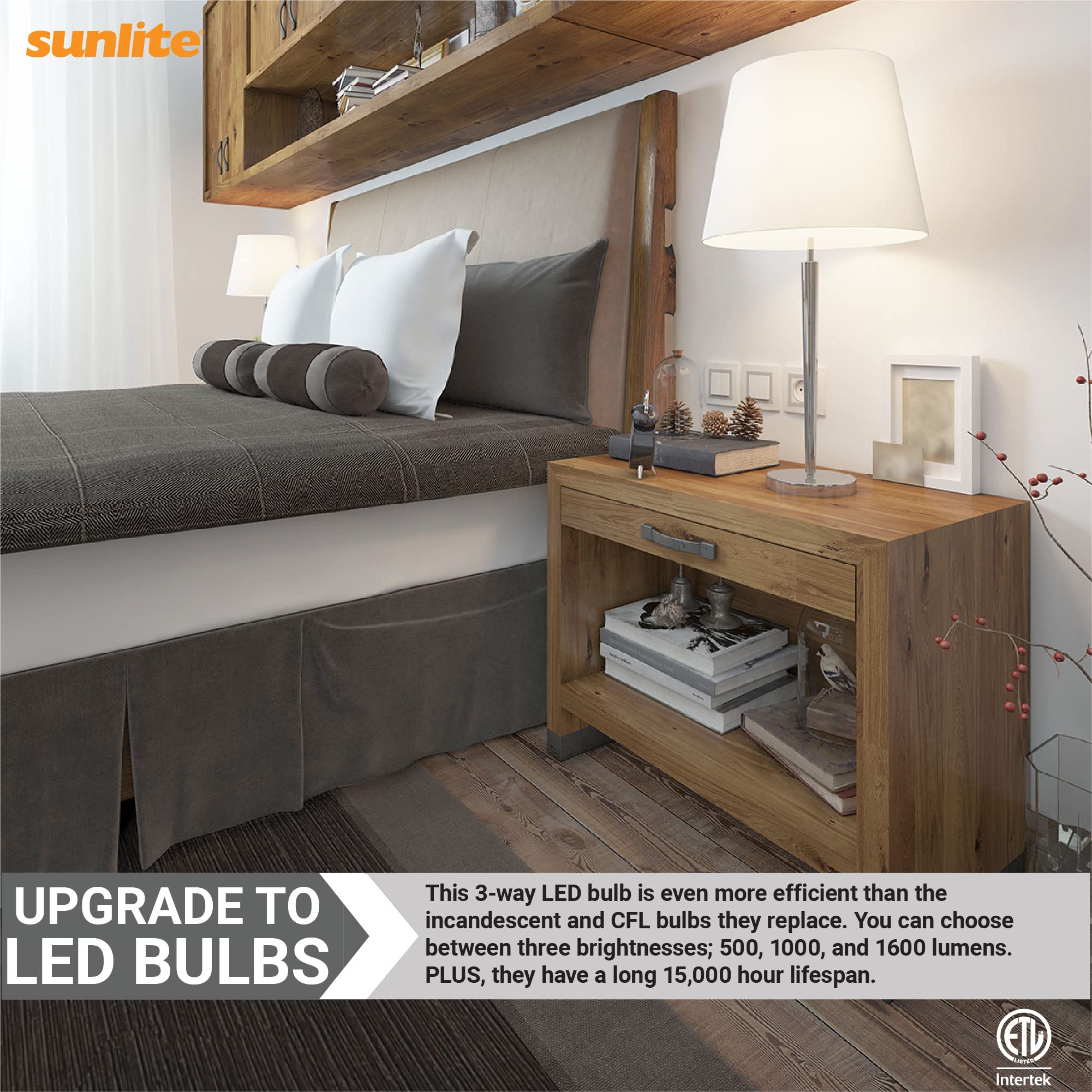 Sunlite 40421 3-Way Led A19 Light Bulb, 5/9/15 Watts (40W 60W 100W Equivalent), 500-1000-1600 Lumens, Medium E26 Base, Omni-Dire