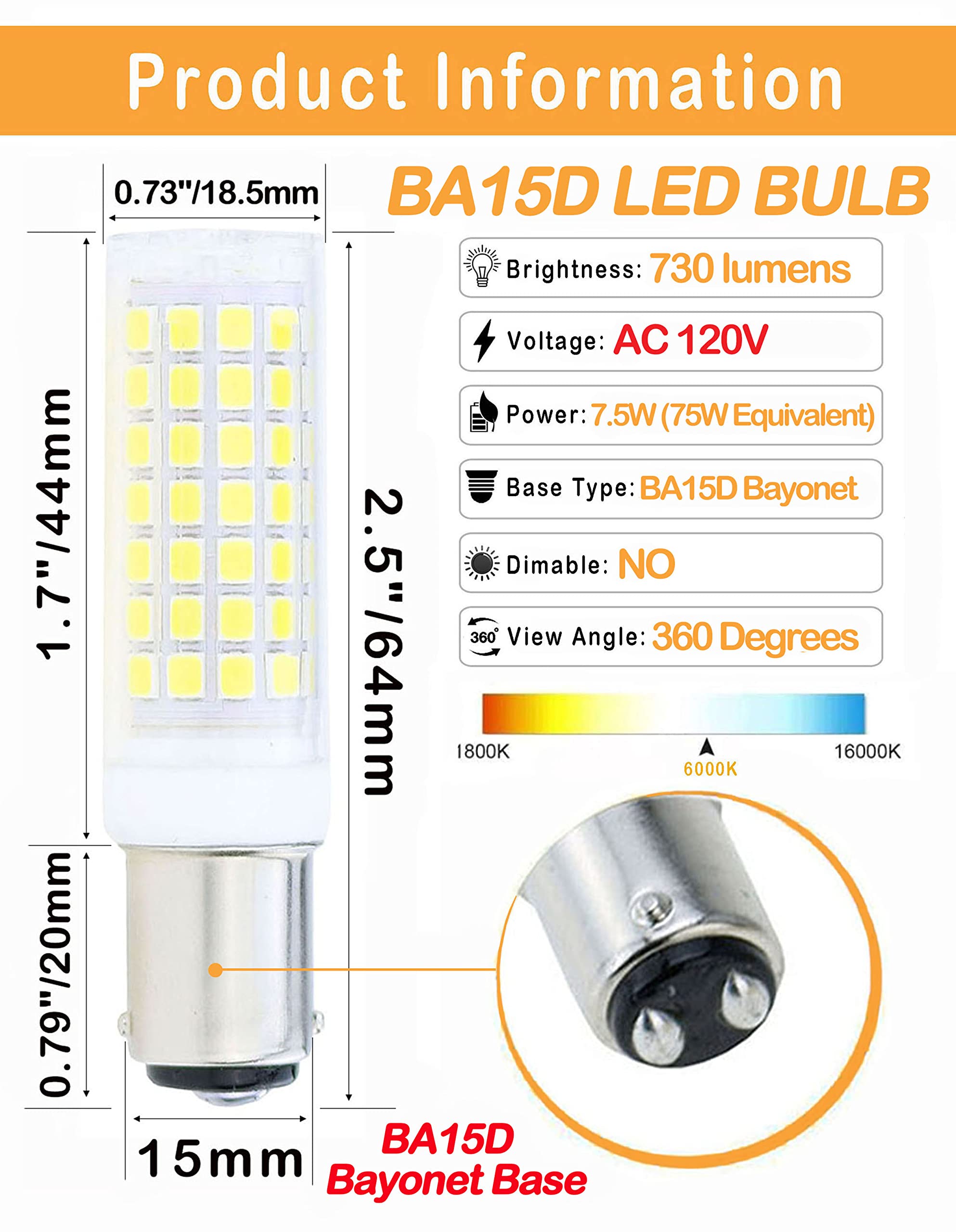 Lamsky BA15d LED Bulb 7.5W Daylight White 6000K, 75W Halogen Equivalent, B15 Base, Non-Dimmable, 6-Pack