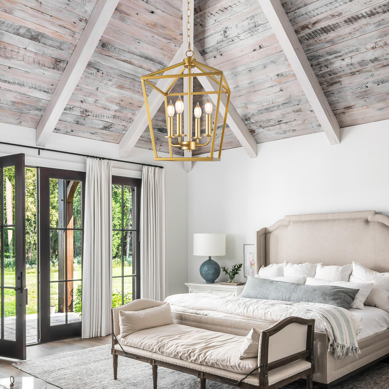 BrightHome Farmhouse Chandelier 4-Light Gold Metal Pendant Light Fixture for Kitchen Island, Adjustable Height, Model D3561.4GD