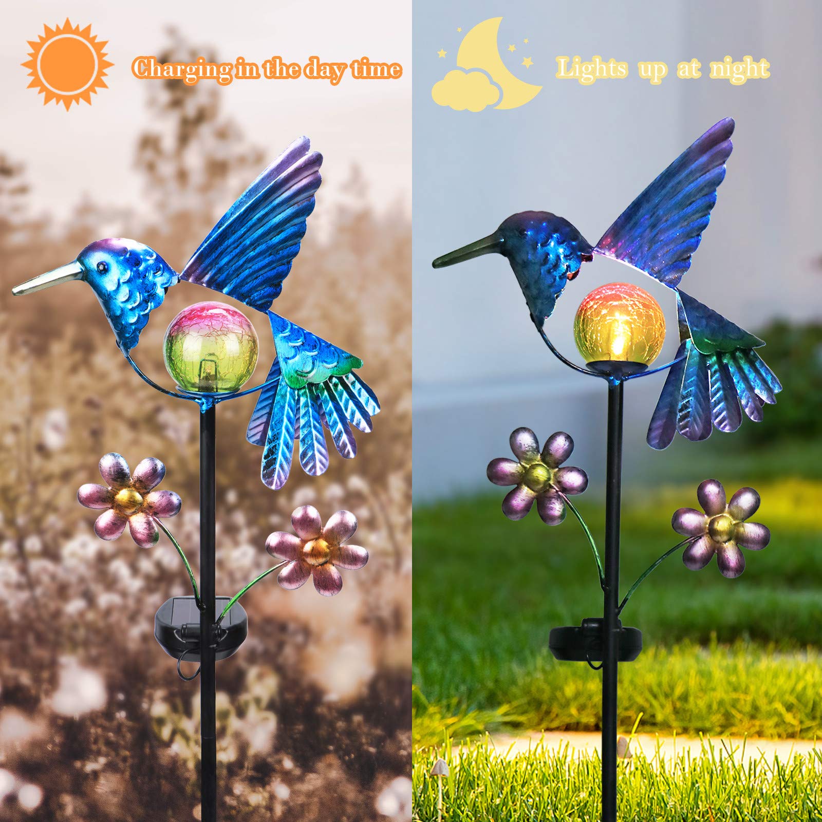 Afirst Solar Garden Stake Lights - Waterproof Hummingbird LED - Warm White Glass Globe - Model 91acfff7-9c00-4181-ae1c-c0ddcc183ad