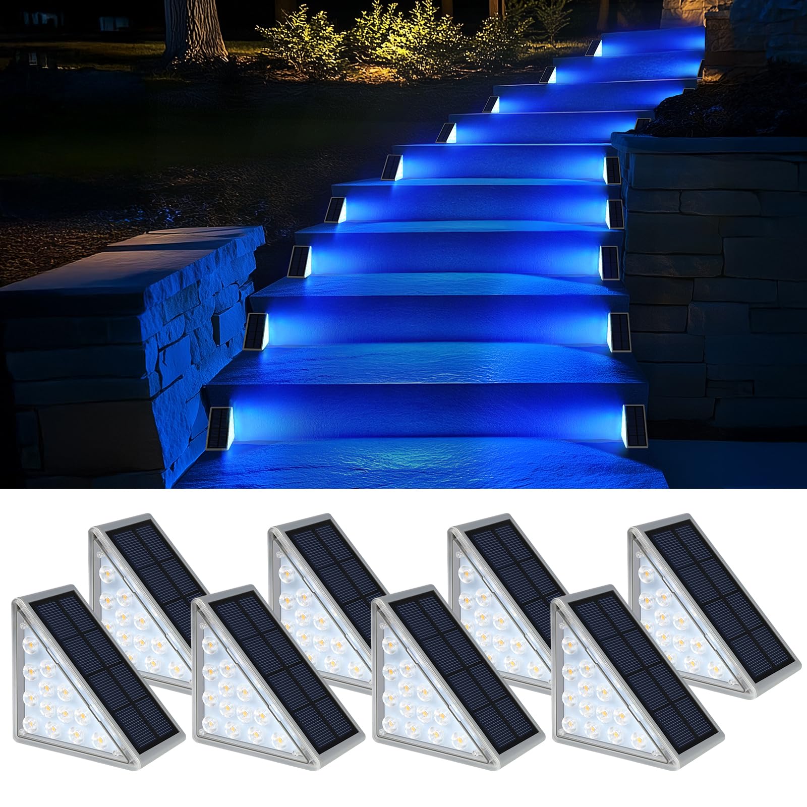 AUDLES Solar Stair Lights, Waterproof IP67, 8 Pack, Blue LED, Outdoor Step Lights for Deck, Porch, Patio, Backyard