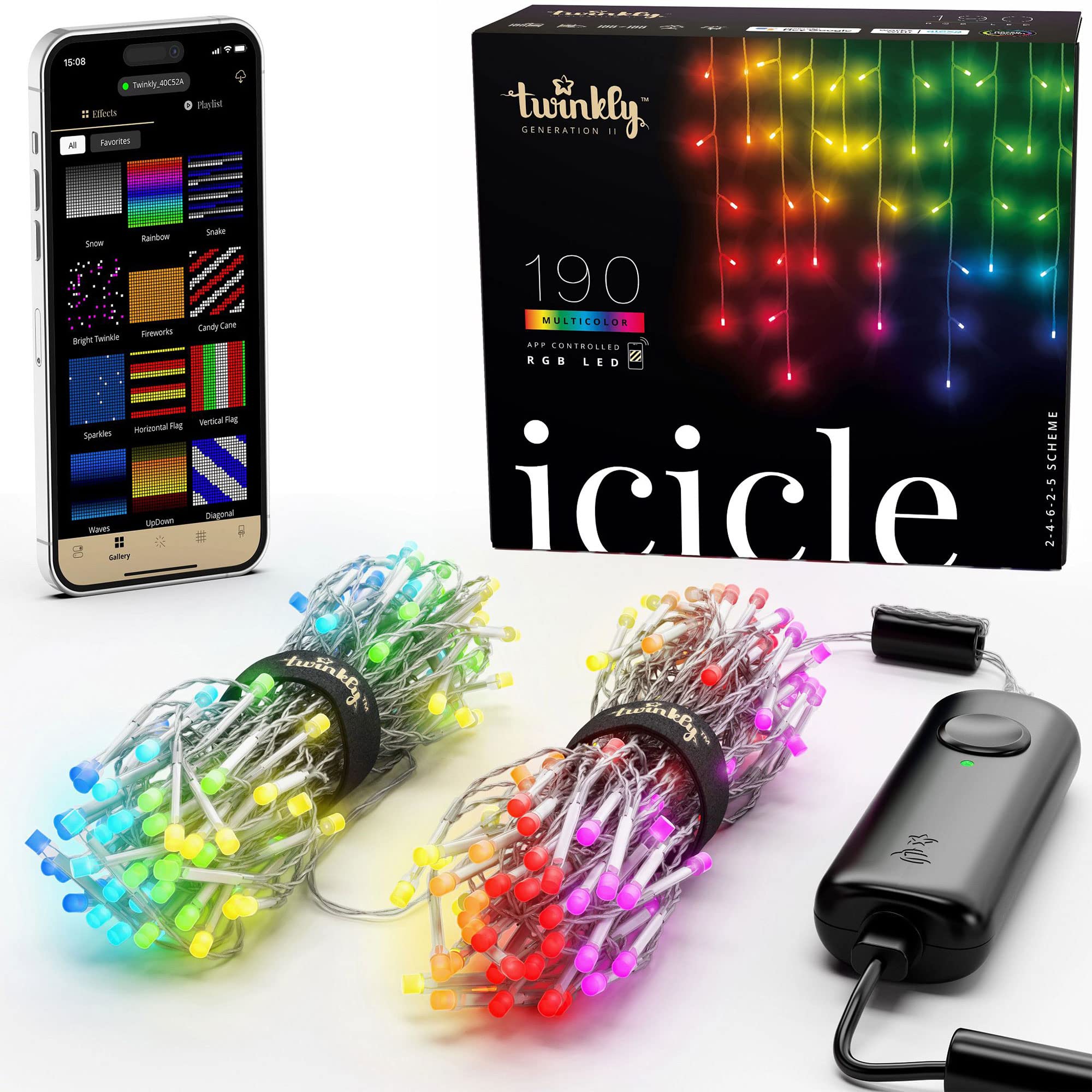 Twinkly Icicle - App-Controlled LED Christmas Lights with 190 RGB (16 Million Colors) LEDs. Clear Wire. Indoor and Outdoor Smart