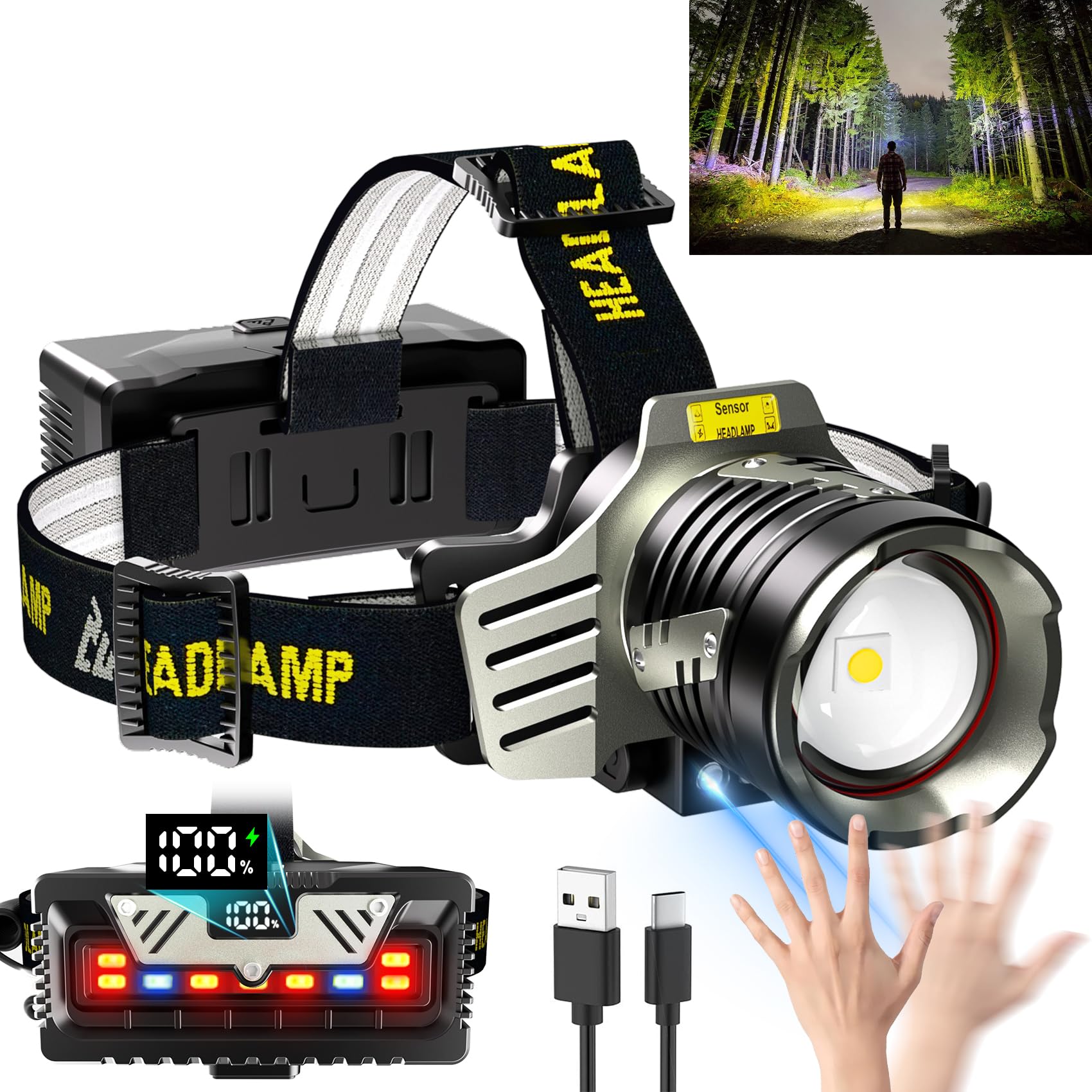 Zoyye Rechargeable Headlamp, 5000 Lm Super Bright Head Lamp, 9 Mode, Motion Sensor, Digital Display, Led Headlamps With Red Ligh
