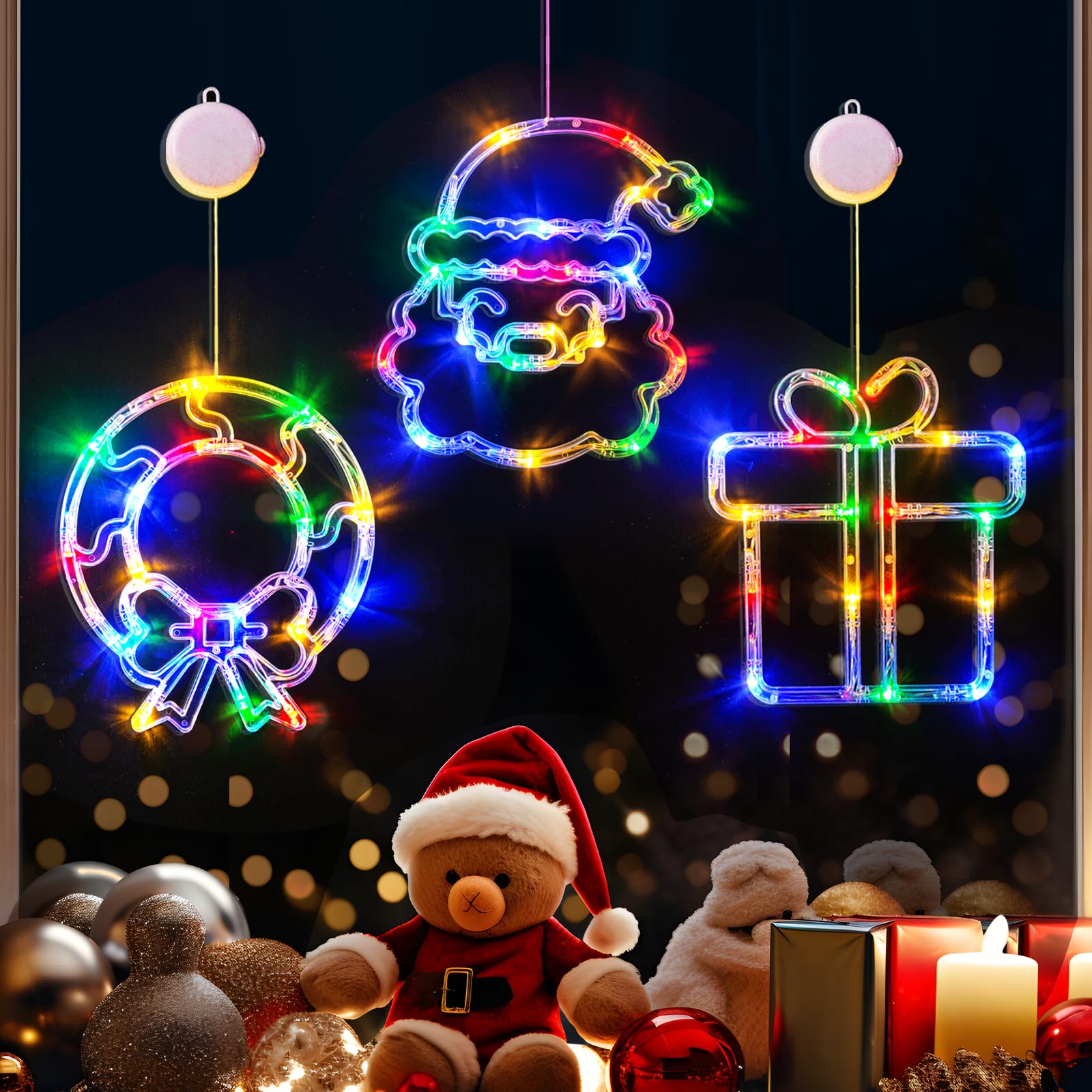 LOLStar Christmas Window Decorations 3 Pack Wreath Gift Box Santa Claus Christmas Window Lights with Suction Cups, Battery Opera