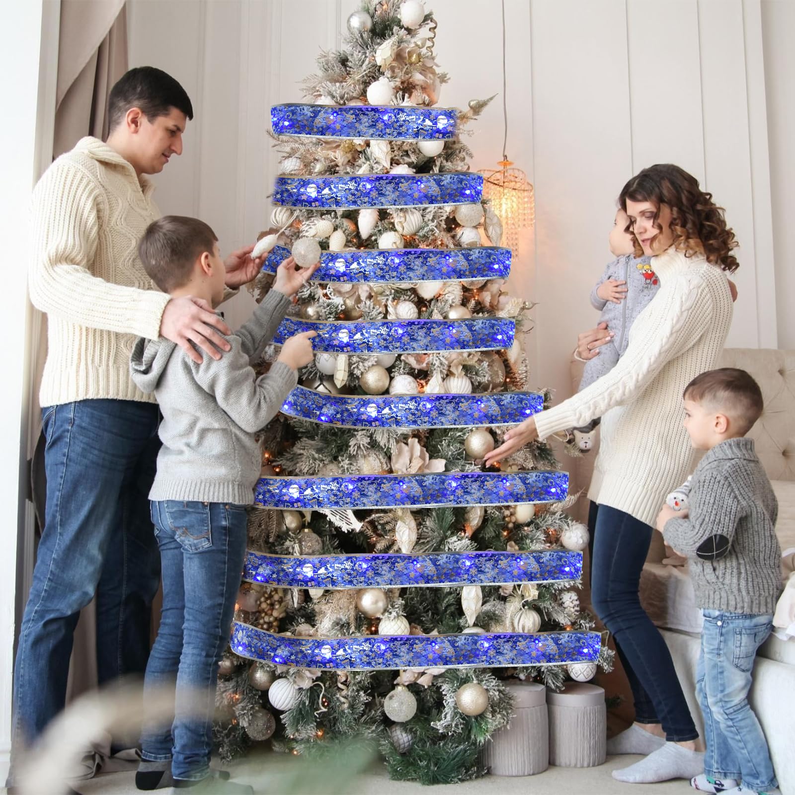 Dailyart Christmas Tree Lights, 200 LED, 78Ft, USB & Battery Operated, 8 Modes, Blue Ribbon Bows Decor for Indoor Xmas Garland