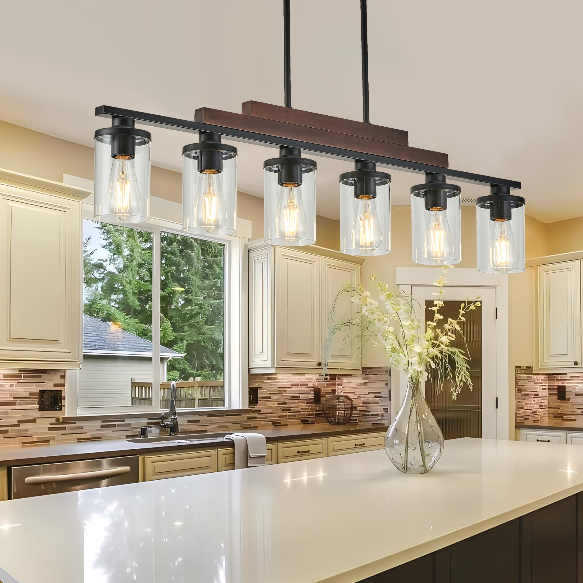 TWIG Farmhouse Chandelier 6-Light Pendant Light Fixture Matte Black for Dining Room and Kitchen Island