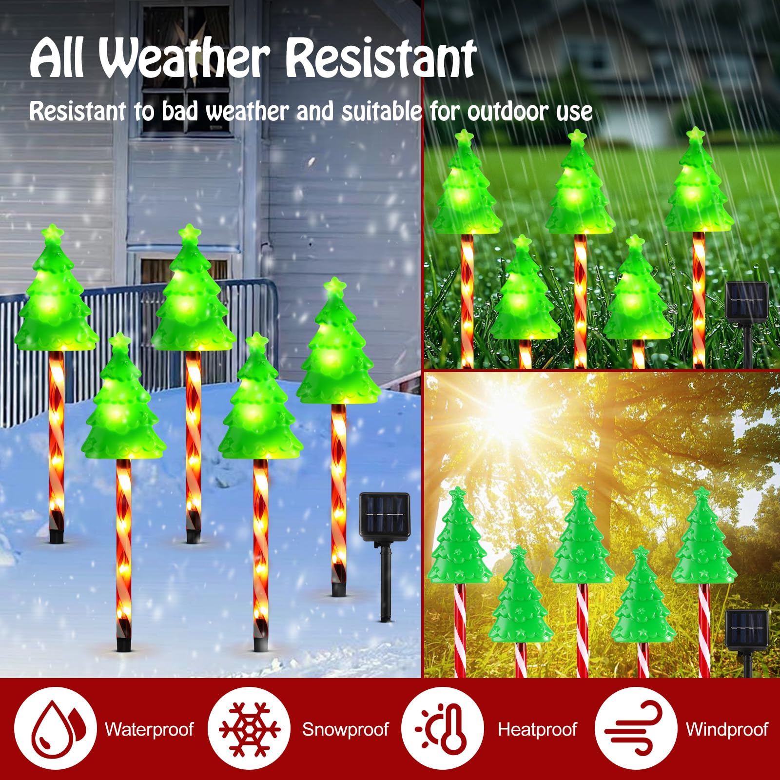 Lewondr Solar Christmas Pathway Lights, 5 Pack, Warm Light, Waterproof, Model HD250153, with Red Pole and Garden Stake