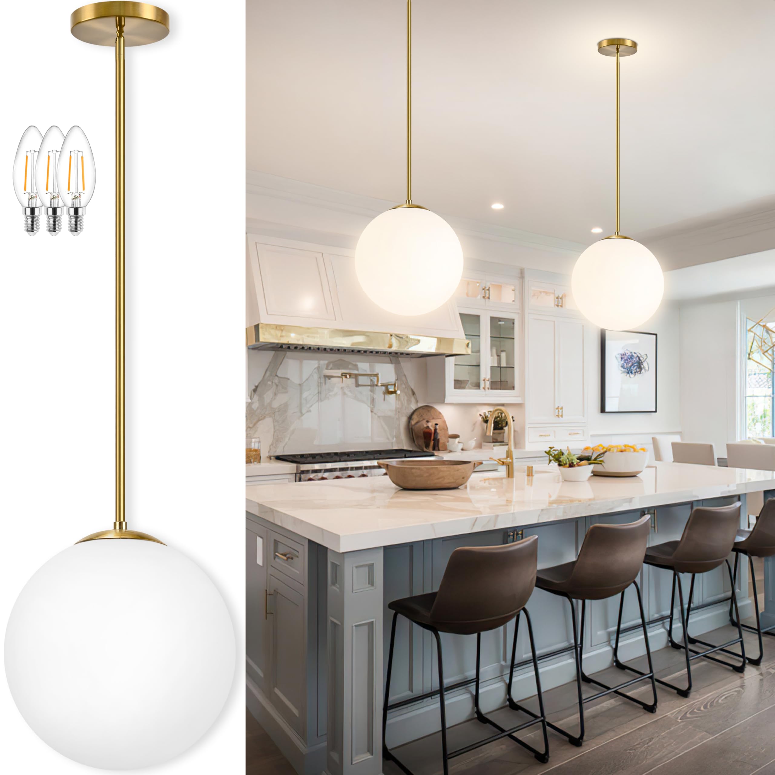 Bagood 14 Globe Pendant Light 3-Light Gold Mid Century Modern Light Fixture Milk Glass Pendant Light Globe Pendant Lights Kitche