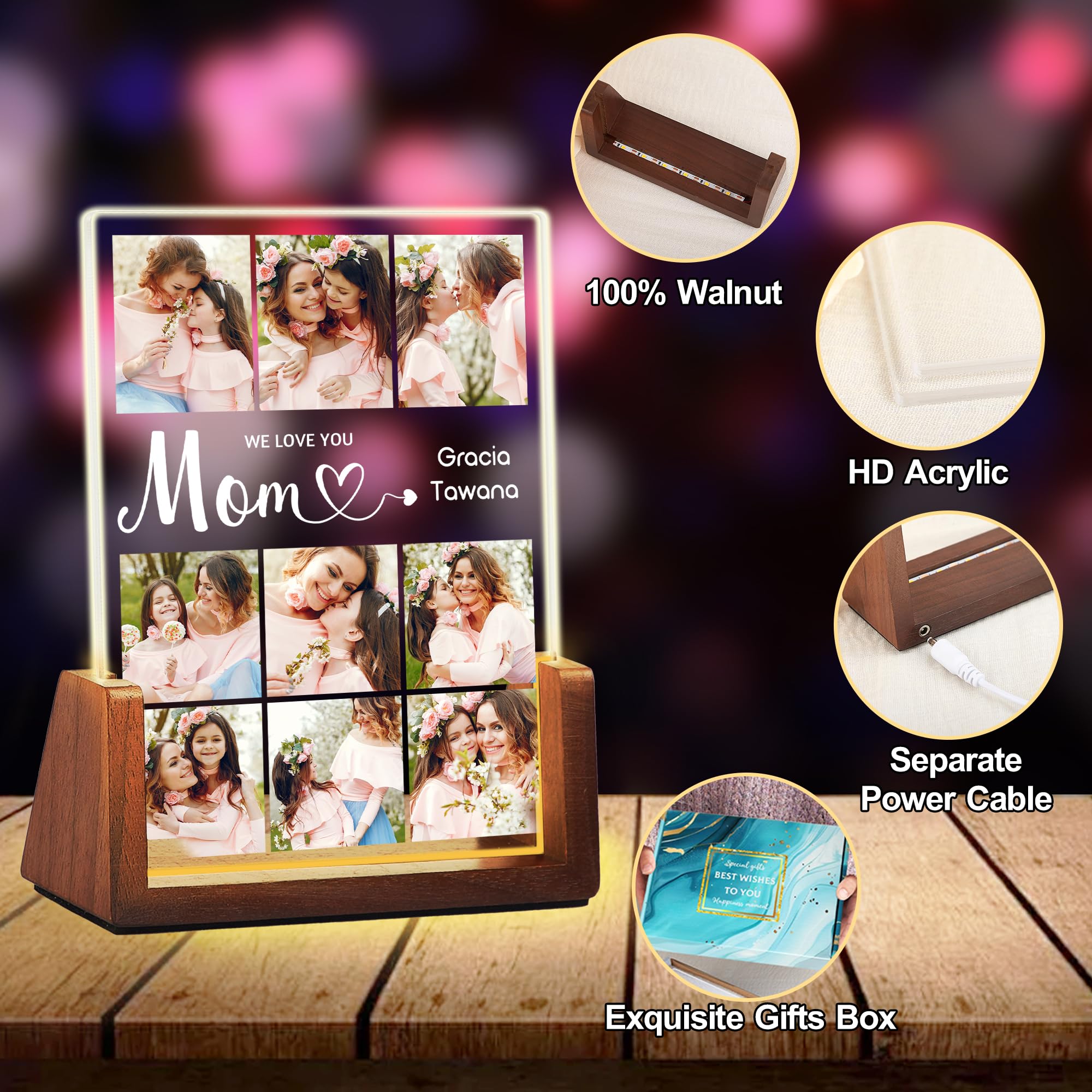 Maiwell Personalized Mothers Day Birthday Gifts For Mom Grandma Wife  Custom Mom Gifts From Daughter Son Husband  Light Up Picture Frame Acrylic Night Light With Photo Name Christmas Gift For Women