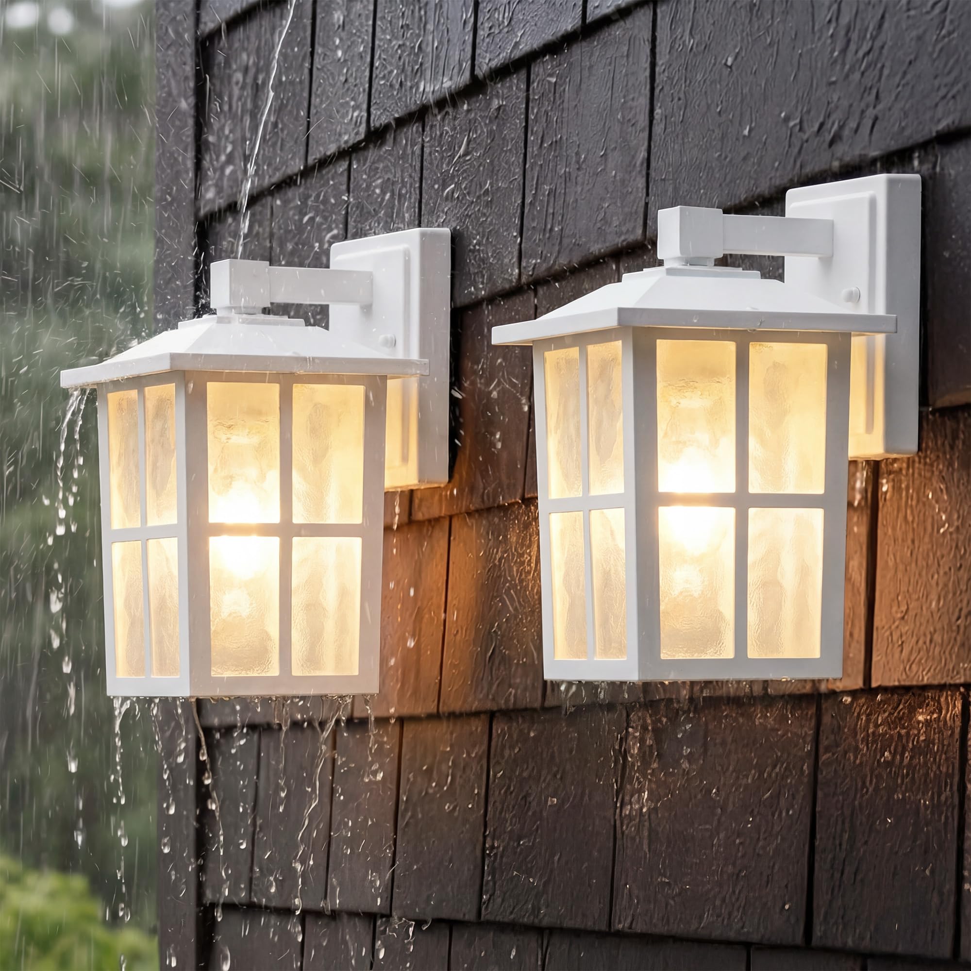 KDG Outdoor Waterproof Patio Wall Light Fixtures Set of 2, White E26 Socket Exterior Lanterns with Tempered Glass, Modern Wall M