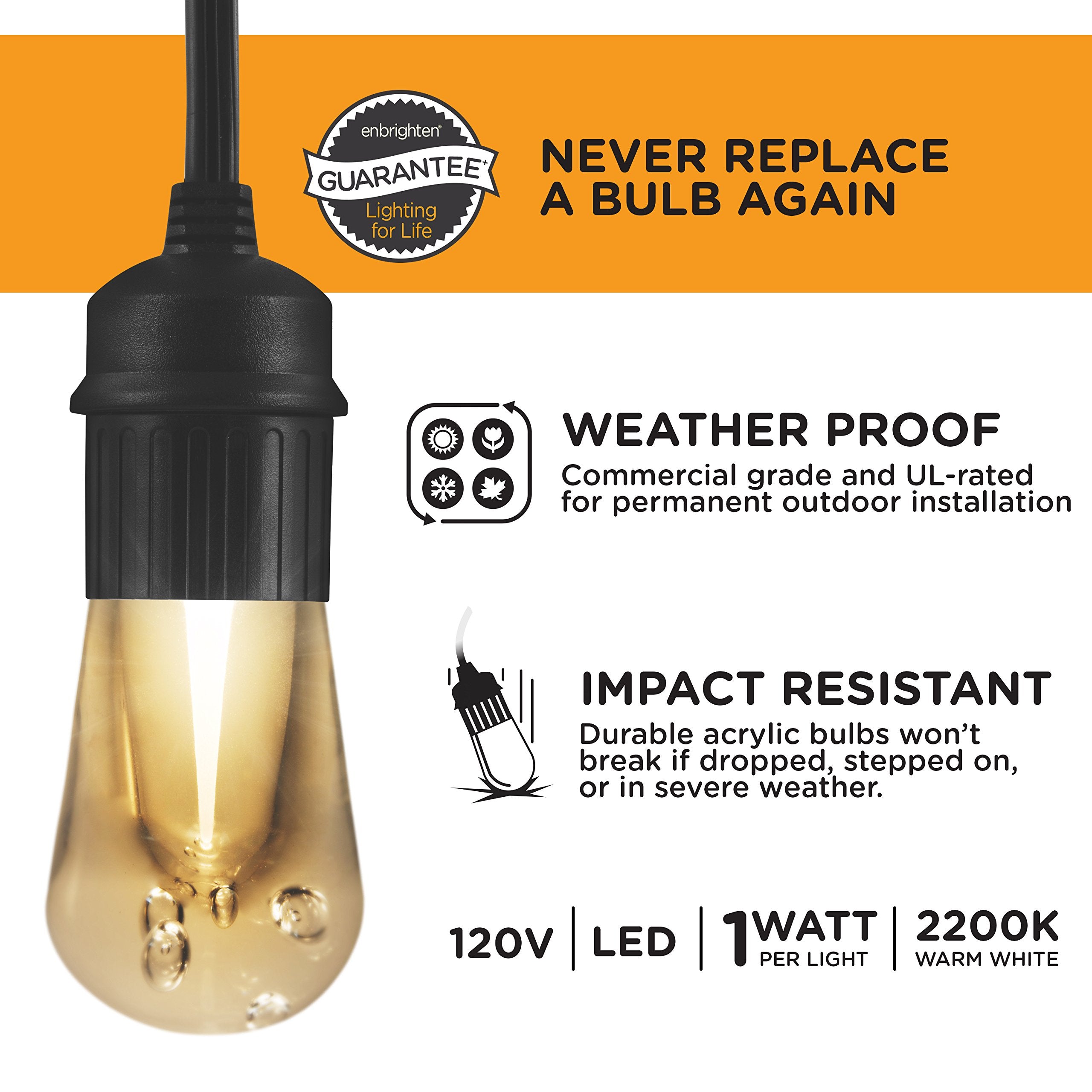 Enbrighten LED Outdoor String Lights, 48ft, Black Cord, Shatterproof Acrylic Bulbs, Waterproof, Model 35631