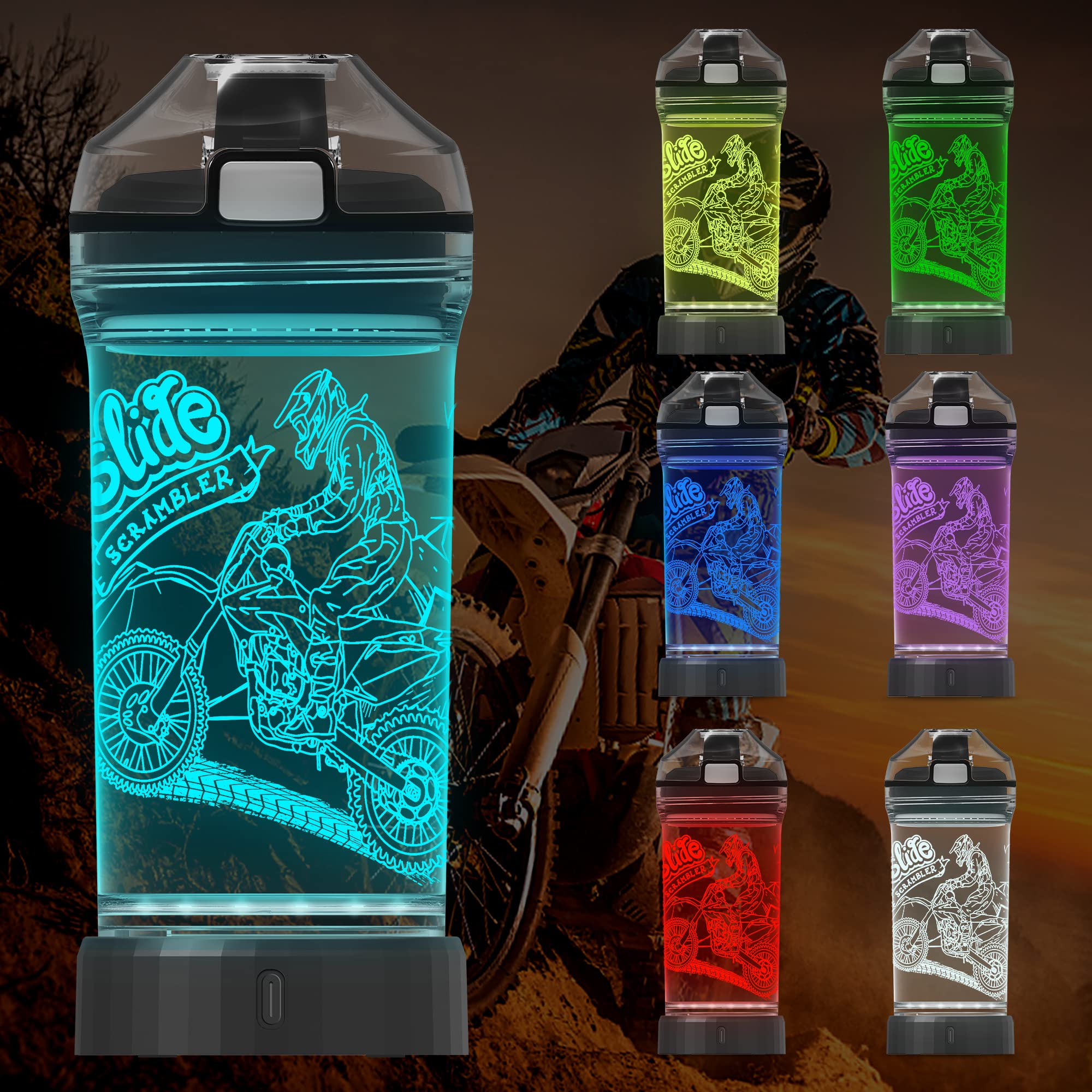 Attivolife Motorcycle Kids Water Bottle - Light Up 3D LED, 14 oz BPA Free, Creative Travel Cup, Model KF-PZ017