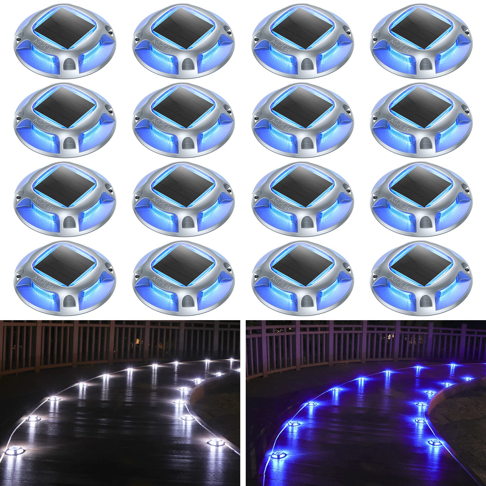 AGPTEK Solar Driveway Lights Outdoor 16 Pack, 2 Color Modes LED Deck Dock Marine Waterproof Security Marker Lights for Step Side
